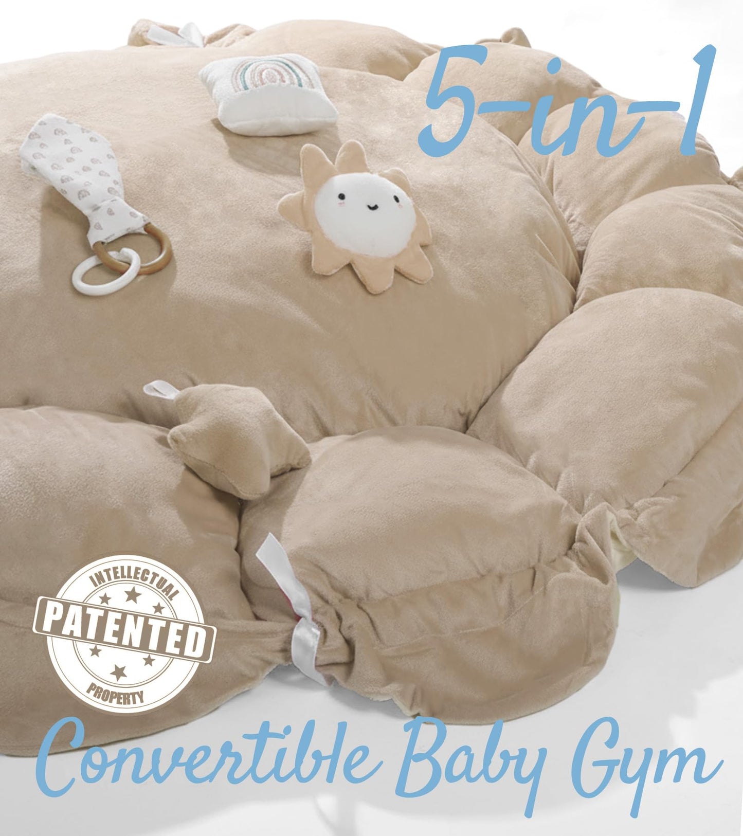 Mallify 5-in-1 Thick & Plush Baby Play Gym, Baby Play Mats for Floor, Tummy Time Mat with 6 Toys, Convertible Stage-Based Developmental from Babies to Toddlers, Ball Pit, Brown