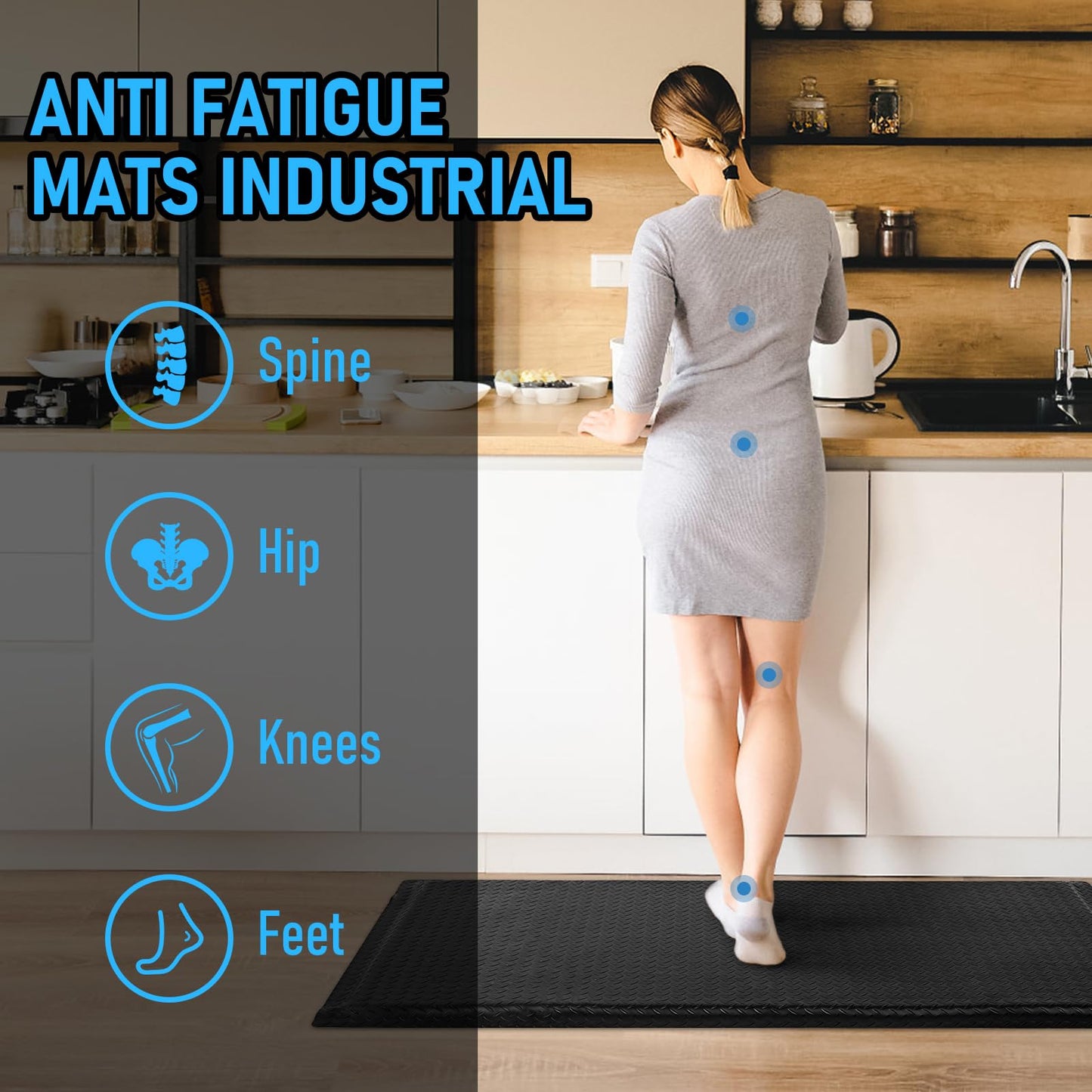 GOOFCXO 3 x 7 FT Anti Fatigue Mats Industrial 15/16 Inch Thick Soft Sponge Ergonomic Mat Durable Heavy Duty Diamond Plate for Standing Non Slip Industrial Grade Floor Mat for Leg & Back Pain Black