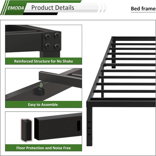 EMODA 18-Inch California King Bed Frame - Heavy Duty Metal Platform with Large Storage, Noise-Free, Black