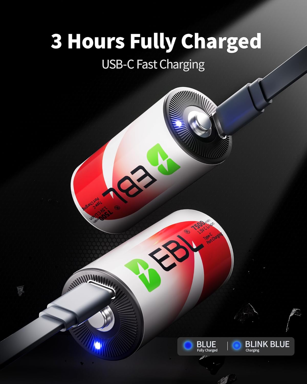 EBL 7500mWh 1.5V 1600+ (4 Pack) Rechargeable C Batteries Lithium USB-C Cable Cycles Fast Charging for Cameras