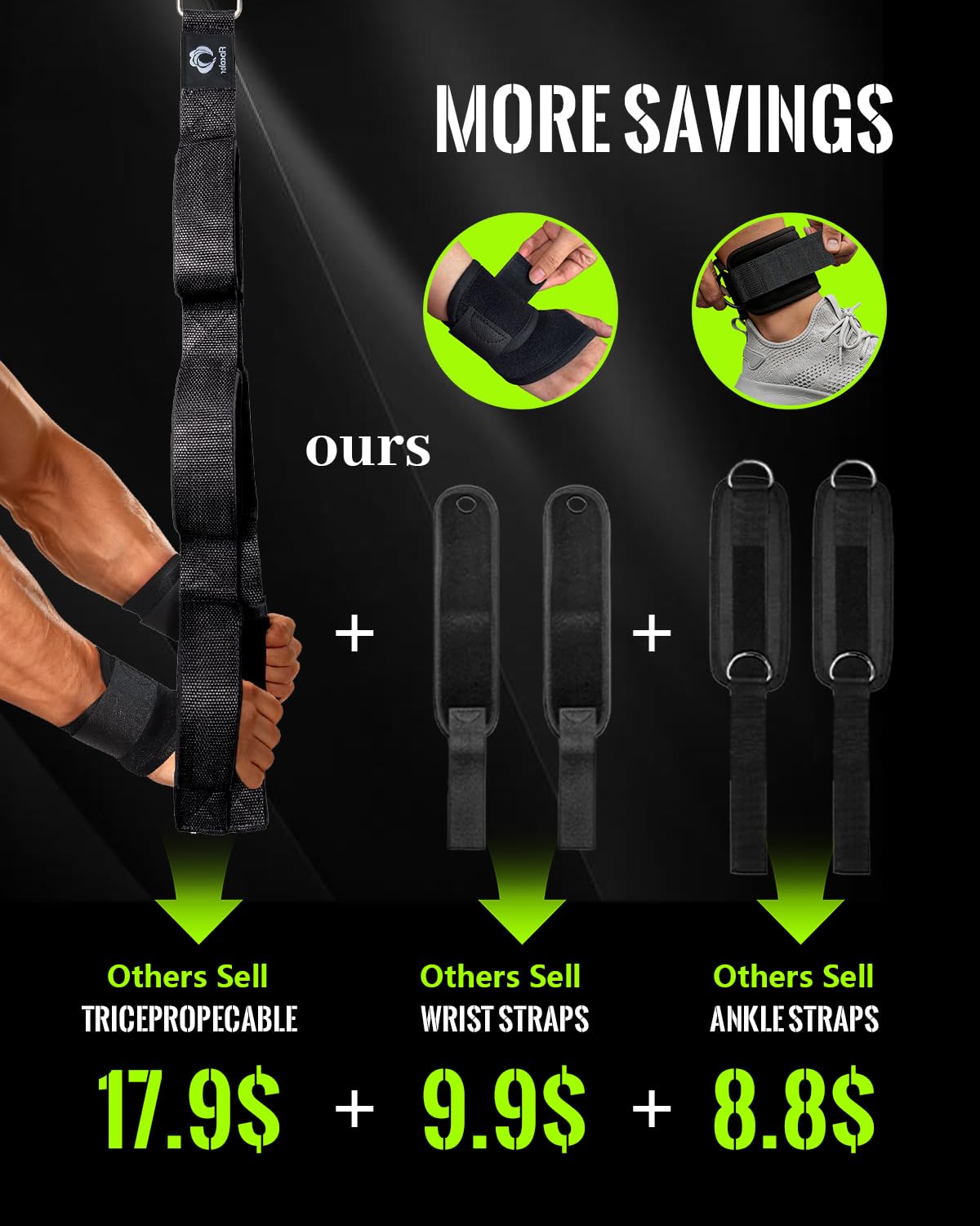 Tricep Rope Cable Attachment with 6 Anti-Slip Handles, Extra-Long Adjustable Pull Down Rope with Wrist Brace & Ankle Strap for Pushdowns, Crunches & Extensions, Cable Machine Attachment for Home & Gym
