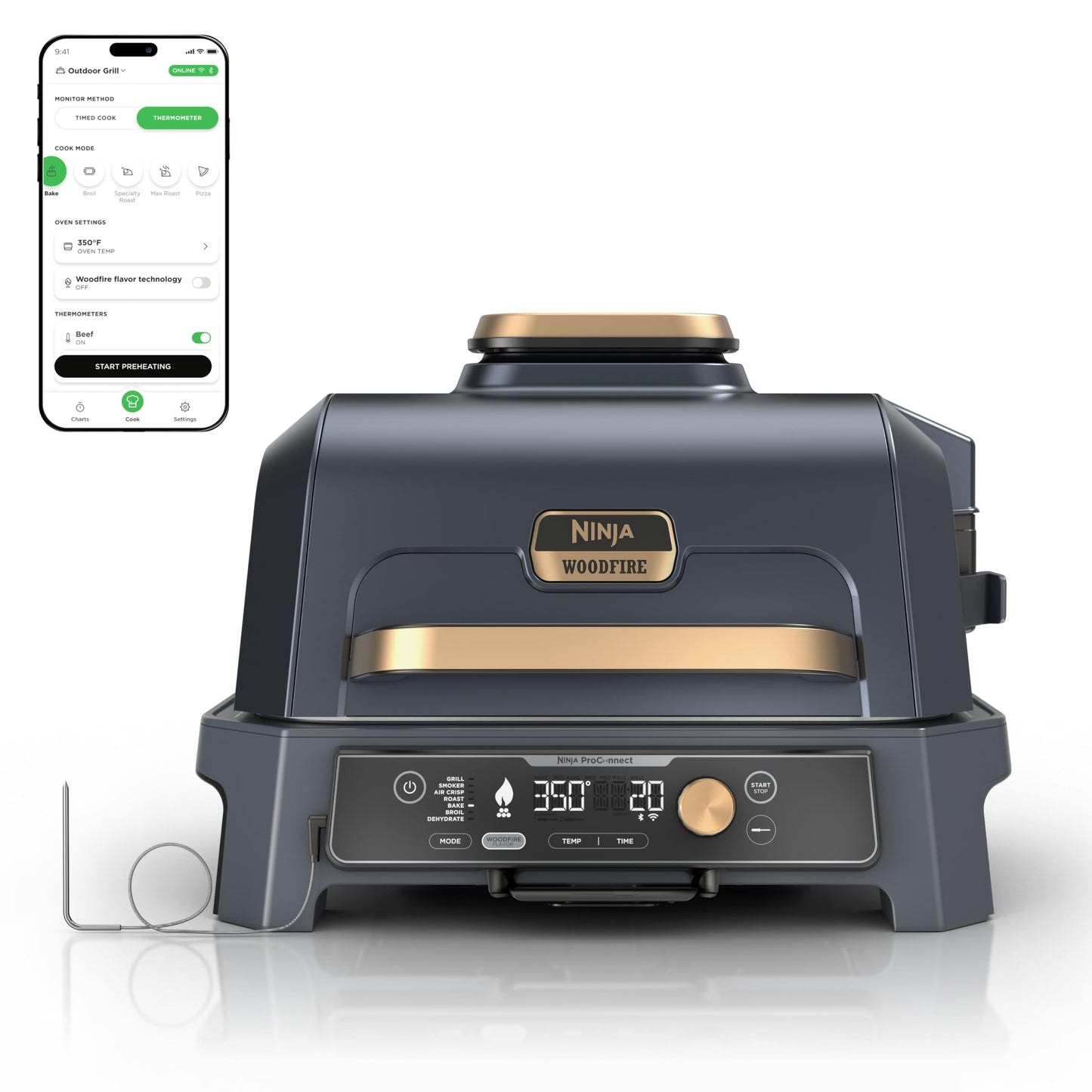 Ninja Woodfire Pro Connect XL Outdoor Grill & Smoker | Bluetooth, App Enabled | 7-in-1 Grill, BBQ Smoker, Outdoor Air Fryer | Woodfire Technology | Built-In Thermometer | Blue & Gold| OG951BL1