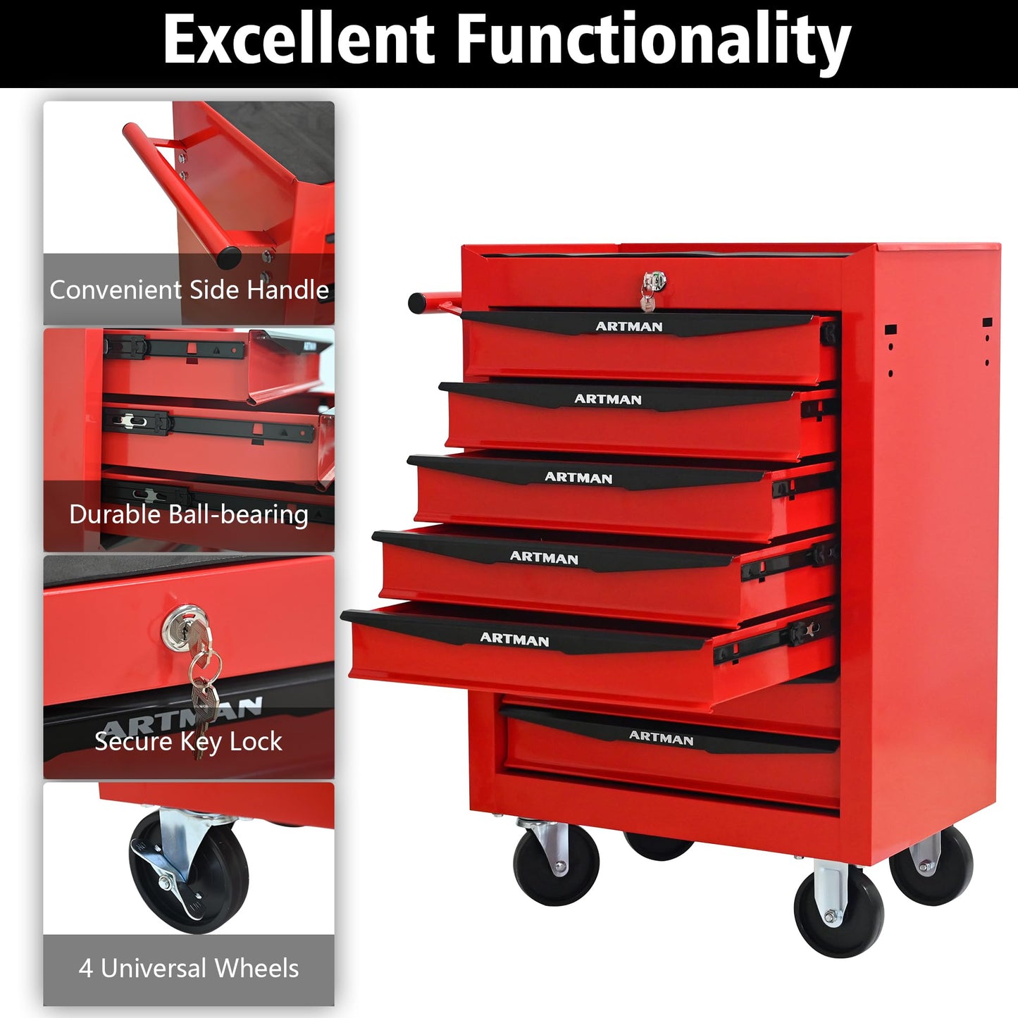 Thetilsy Rolling Tool Chest Cart with 7 Drawers,Storage Tool Cabinet on 4 Wheels. Lockable Tool Cart with Drawer Liners.Steel Tool Box Organizer for Garage,Repair Workshop-Red