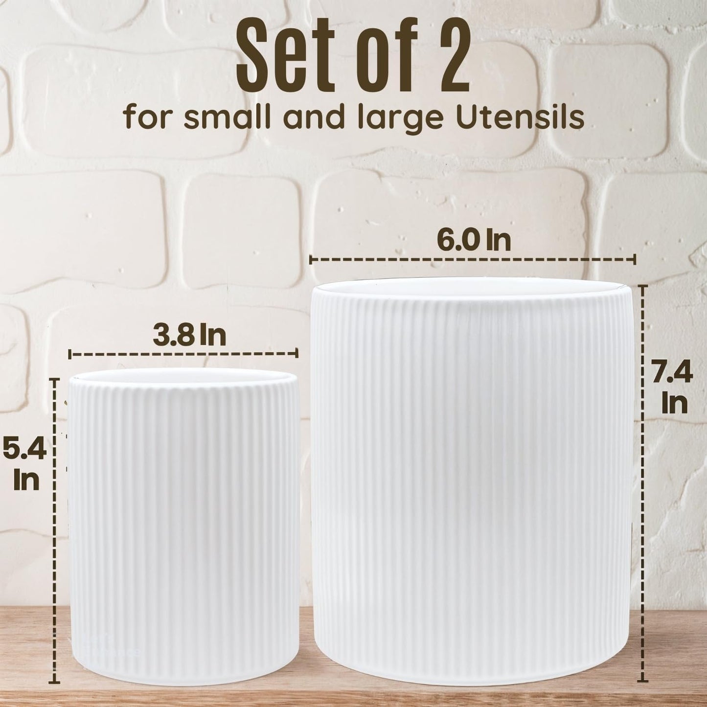 NURTURE KNOTS 2 Pack Ceramic Utensil Holder, 7.3"+5.4" Large kitchen utensils holder for Countertop, 360° Rotating Cooking Utensil Crock for Kitchen Counter with Detachable Wooden Base, Kitchen Décor