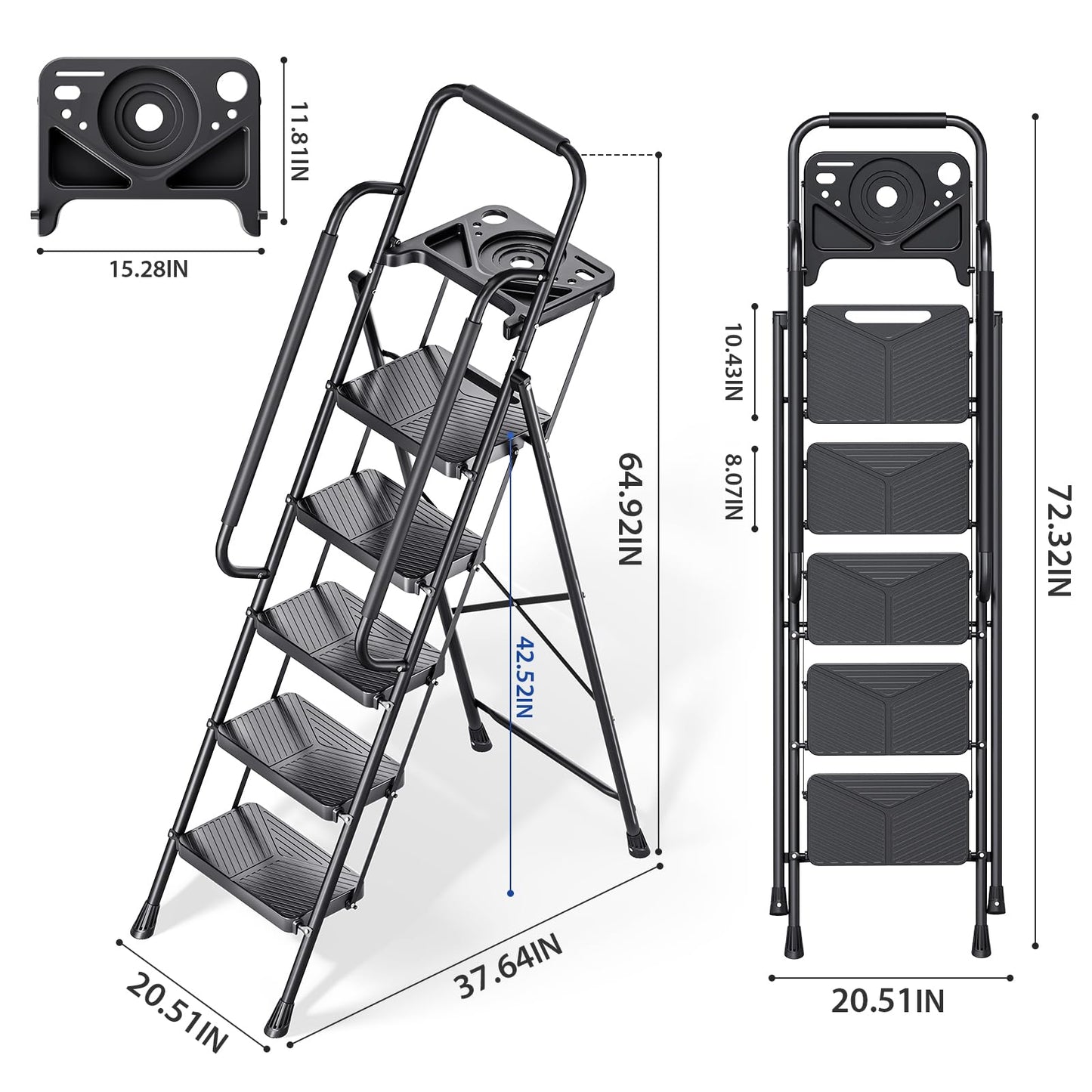 KINGRACK 5 Step Ladder, Folding Step Stool with Safe-Lock Design, 500 lbs Sturdy Steel Ladder with Tool Platform, Wide Anti-Slip Pedal, Convenient Handrail for Household and Kitchen, Black