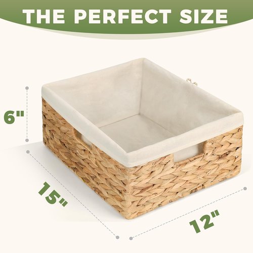Natural Water Hyacinth Wicker Shelf Storage Baskets - Large 15” x 12” x 6” Organizers with Handles & Cotton Liner