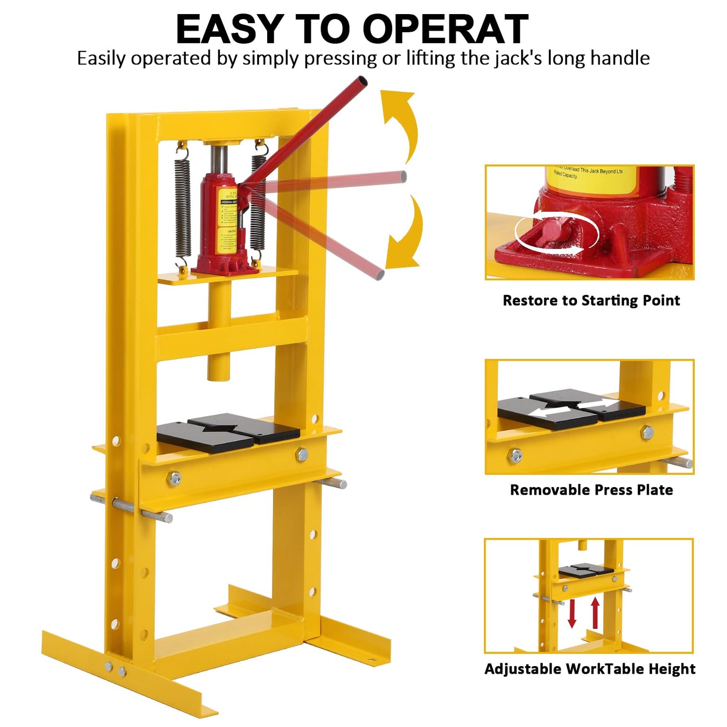 GarveeTech Hydraulic Press 6 T Hydraulic Shop Press, H-Frame Garage Floor Benchtop Press Adjustable Shop Press with Plates, Adjustable Working Table Height, for Gears and Bearings, Yellow