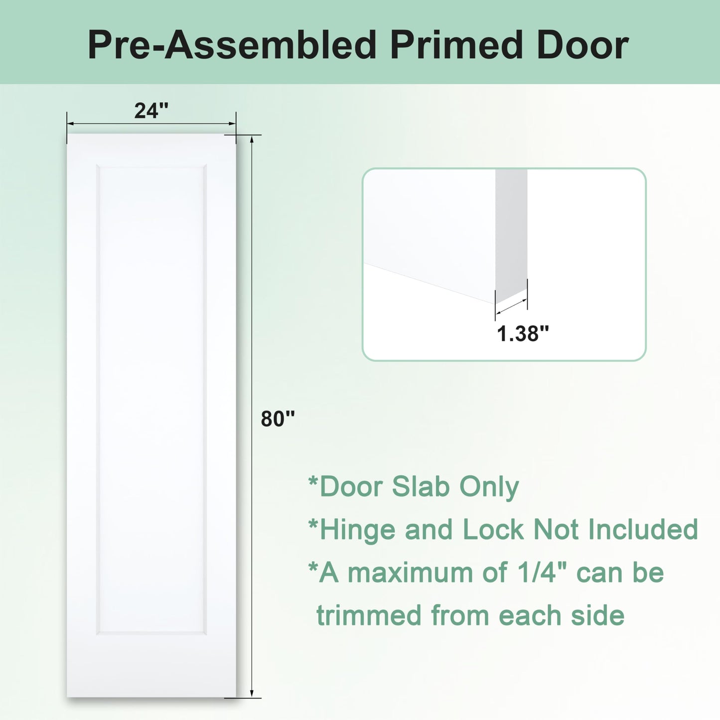 JUBEST 24"x80" 1-Panel Shaker Style White Primed Hollow Core Interior Molded Door Slab, NOT Pre-drilled and NOT Included Hardware, Pre-Assembled Interior Door for Pantry, Laundry, Closet