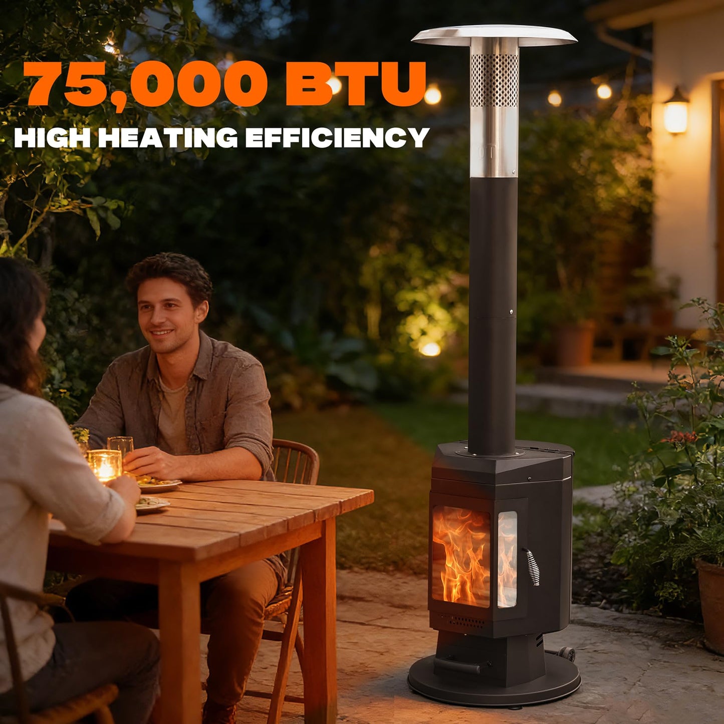 ONLYFIRE OUTDOOR LIVING 80" Premium Wood Pellet Patio Heater with Glass Window, Portable Pellet Heater with Wheel, Modern Fire Pit for Patio Backyard Garden Villa Outdoor Restaurant, 70,000BTU, FP058