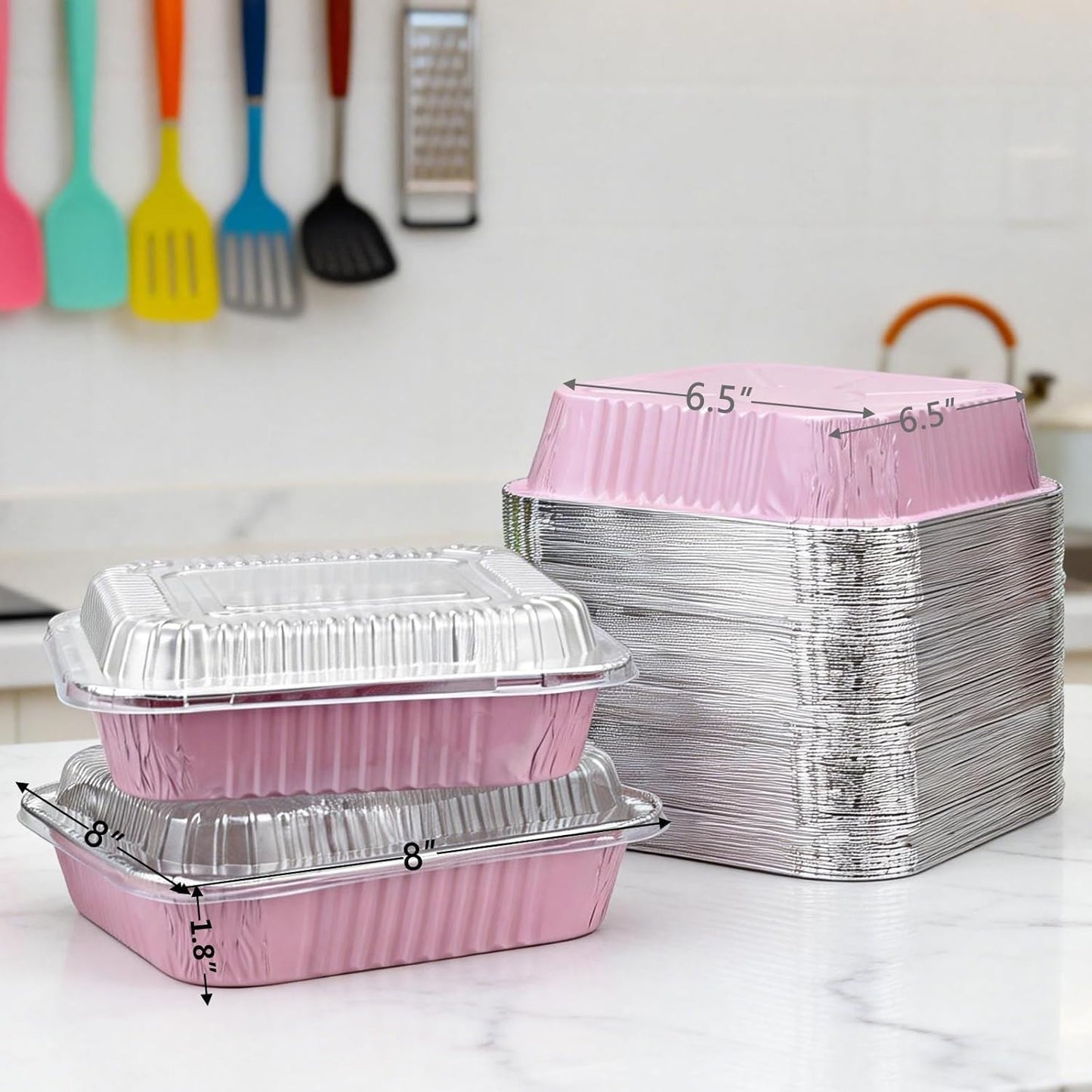 Regine Switzerland 35-Pack Pink 8x8 Inch Disposable Aluminum Pans - Includes Lids, Stickers & Spoons for Parties