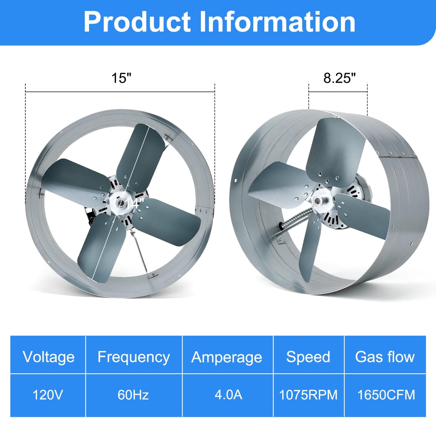 Aibabcue Gable Vent Attic Fan, 15" Exhaust Ventilation Fan with Adjustable Thermostat for Gable, Shed, Home, Garages, 1650 CFM, 1075 RPM, 2500 SQ. FT. Attic Ventilator (1650CFM)