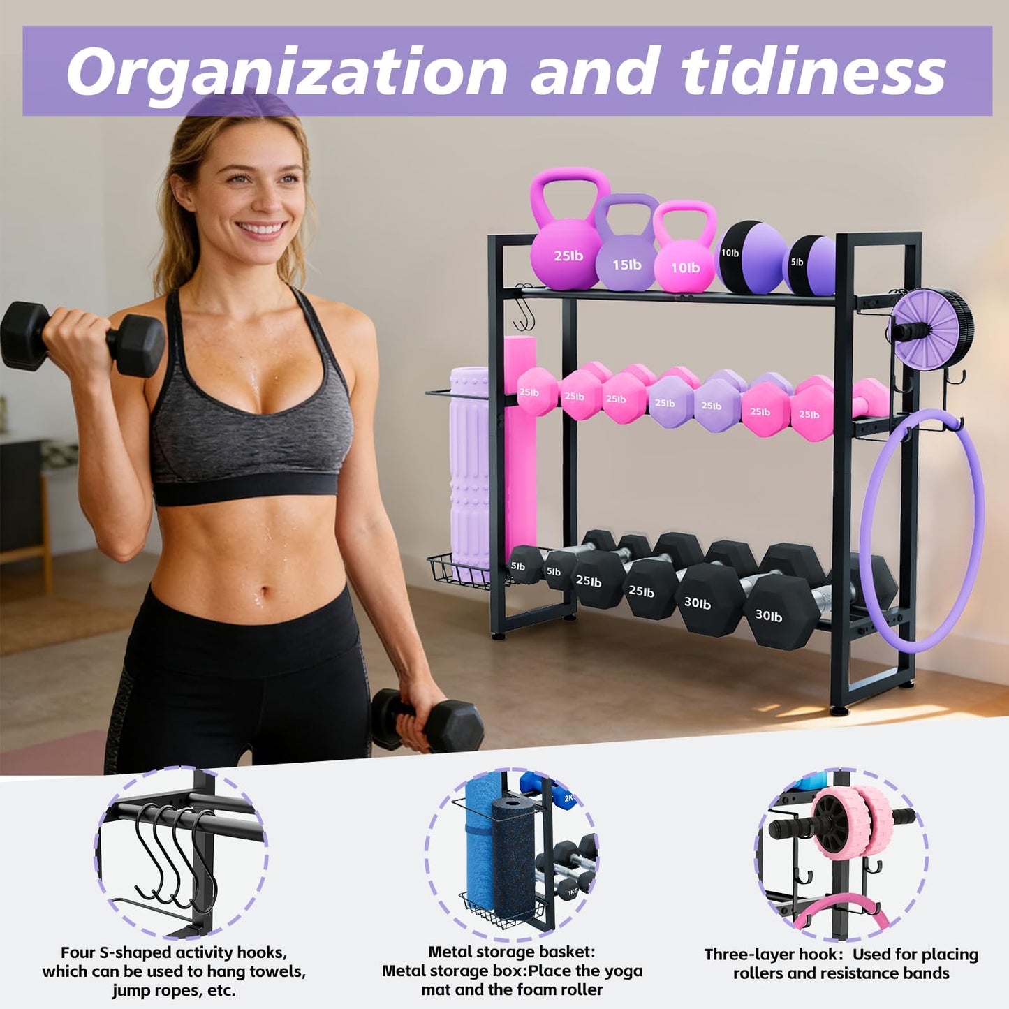 laapee 3-Tier Dumbbell Rack with 882 LBS Capacity, Multi-Purpose Weight Rack for Home Gym with Shelf and Movable Hooks, Weight Holder and Home Gym Storage Organizer for Dumbells Kettlebells Yoga Mat