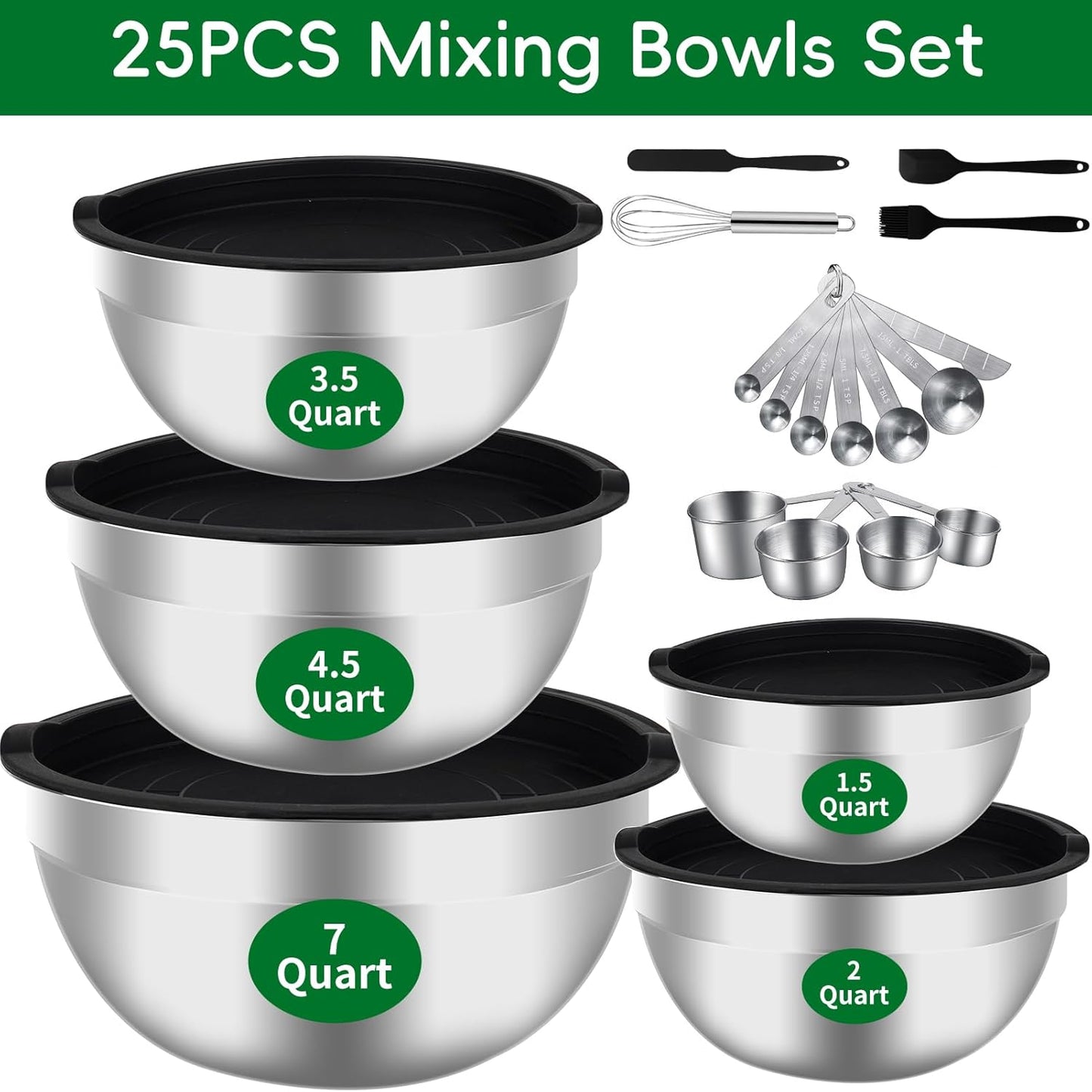 WEPSEN Mixing Bowls Set - 25PCS Stainless Steel Bowls with Lids | Large Nesting Sizes 1.5QT to 7QT