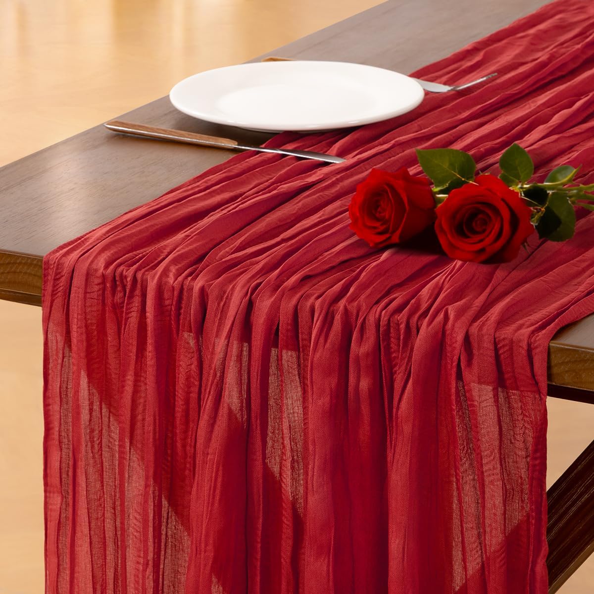 Socomi Red Cheesecloth Table Runner - 120 Inch Boho Rustic Decor for Weddings & Events