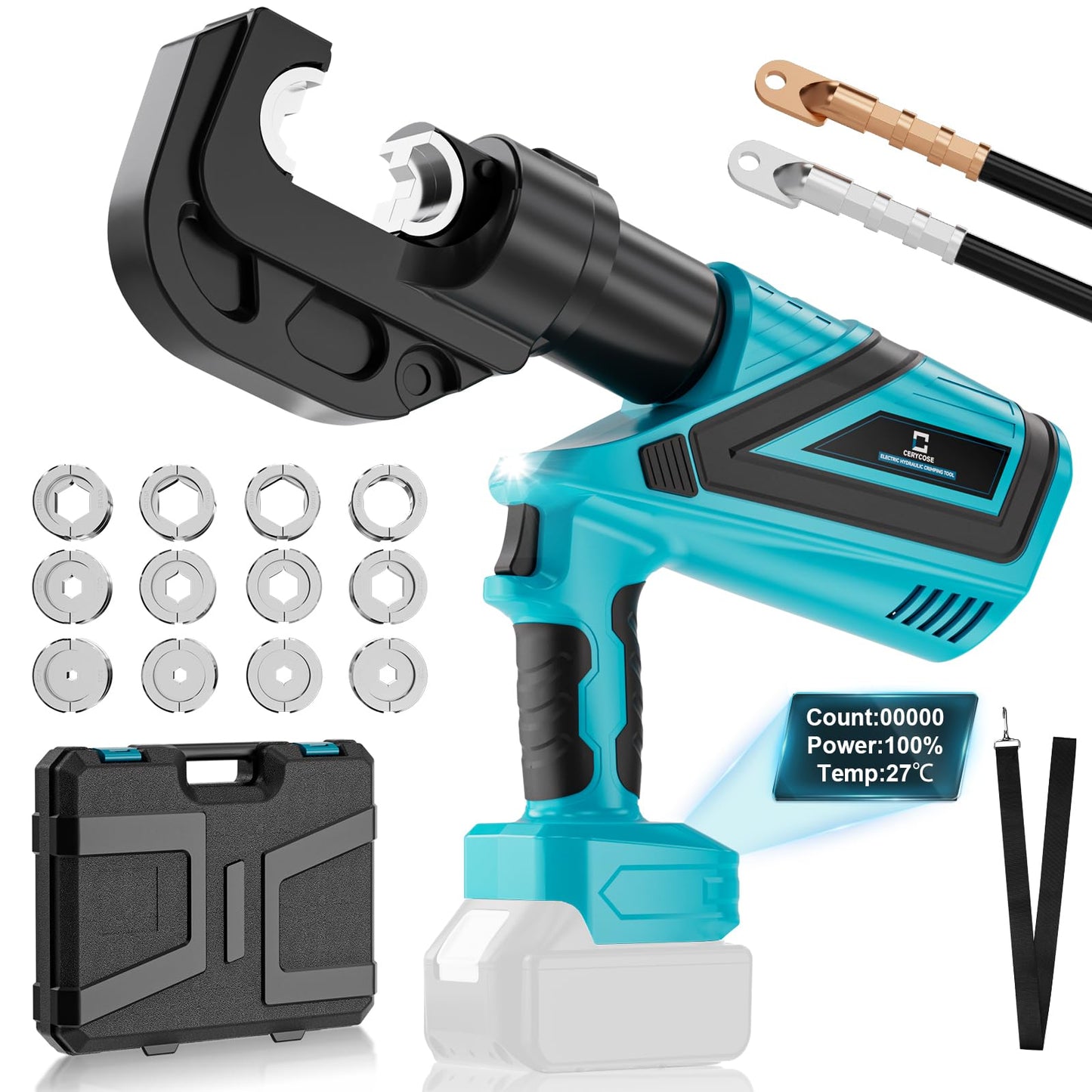 CERYCOSE Electric Hydraulic Cable Lug Crimping Tool, 12 Ton Hydraulic Crimper Compatible with Makita 18V Battery, Electrical Terminal Cable Wire Fiber Crimper Kit with 12 Dies, 6AWG-800MCM, Tool Only