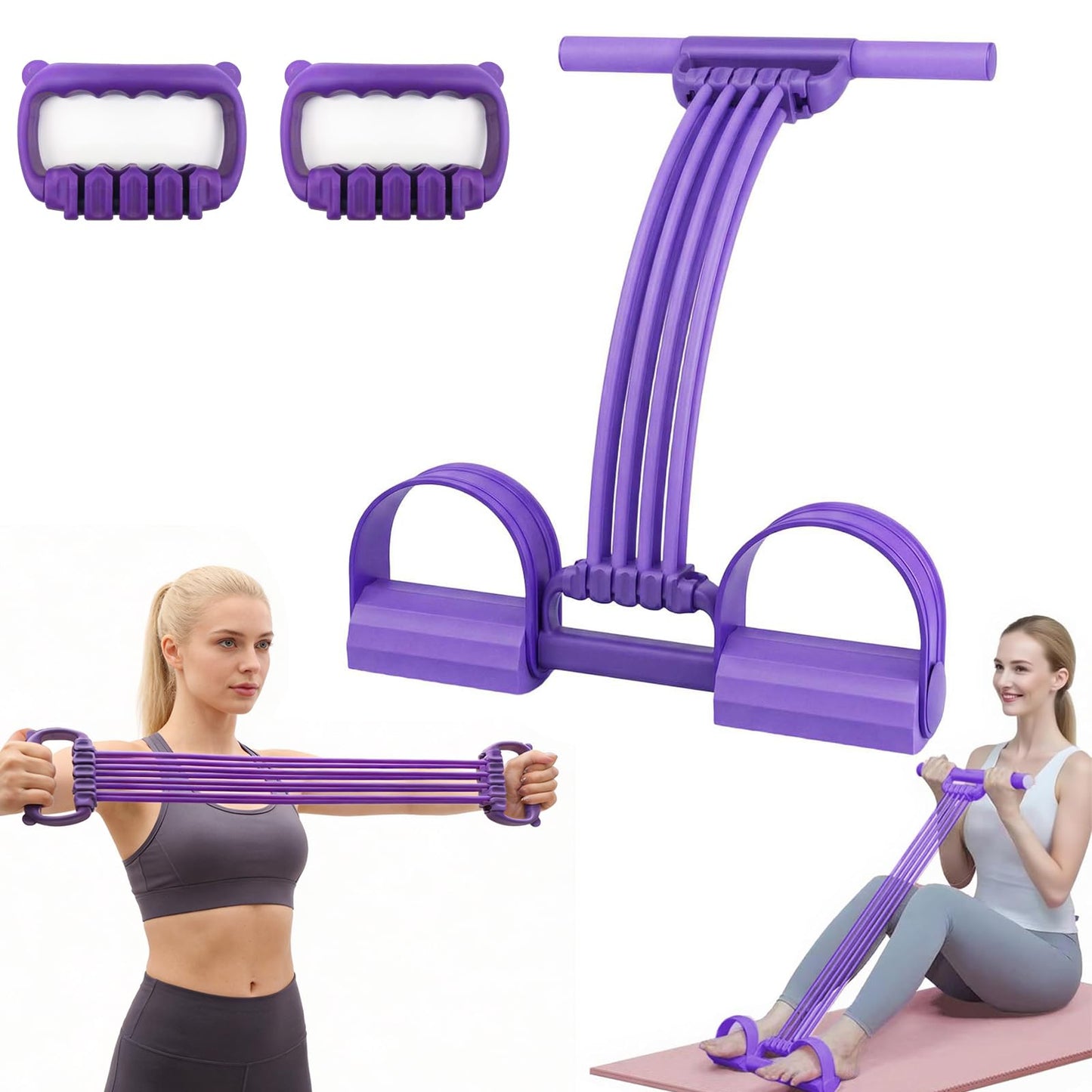 3 in 1 Adjustable Pedal Resistance Band, 8-Tube Multifunction Tension Rope, Natural Latex sit-up Trainer Resistance Band Suitable for Fat Loss and Full-Body Shaping Workout (8-Tube Purple)