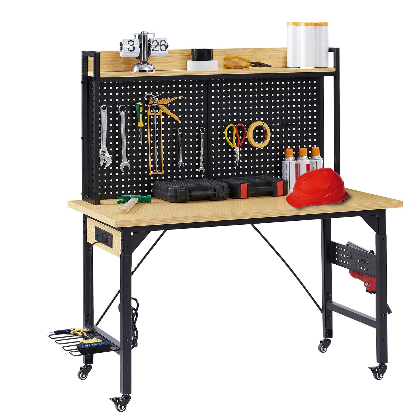 Zevemomo 48" Adjustable Height Workbench with Pegboard, Work Benches for Garage, Heavy Duty Wood Top Work Bench with Wheels, 2000 LBS Load Capacity, Rolling Work Table with Outlet Storage Shelf Hooks