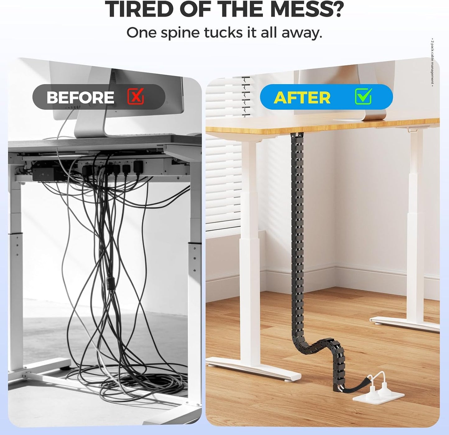 Cinati 52 Inch 2 Vertebrae Cable Management, Black Under Desk Vertebrae Cable Management Kit, Adjustable Length Wire