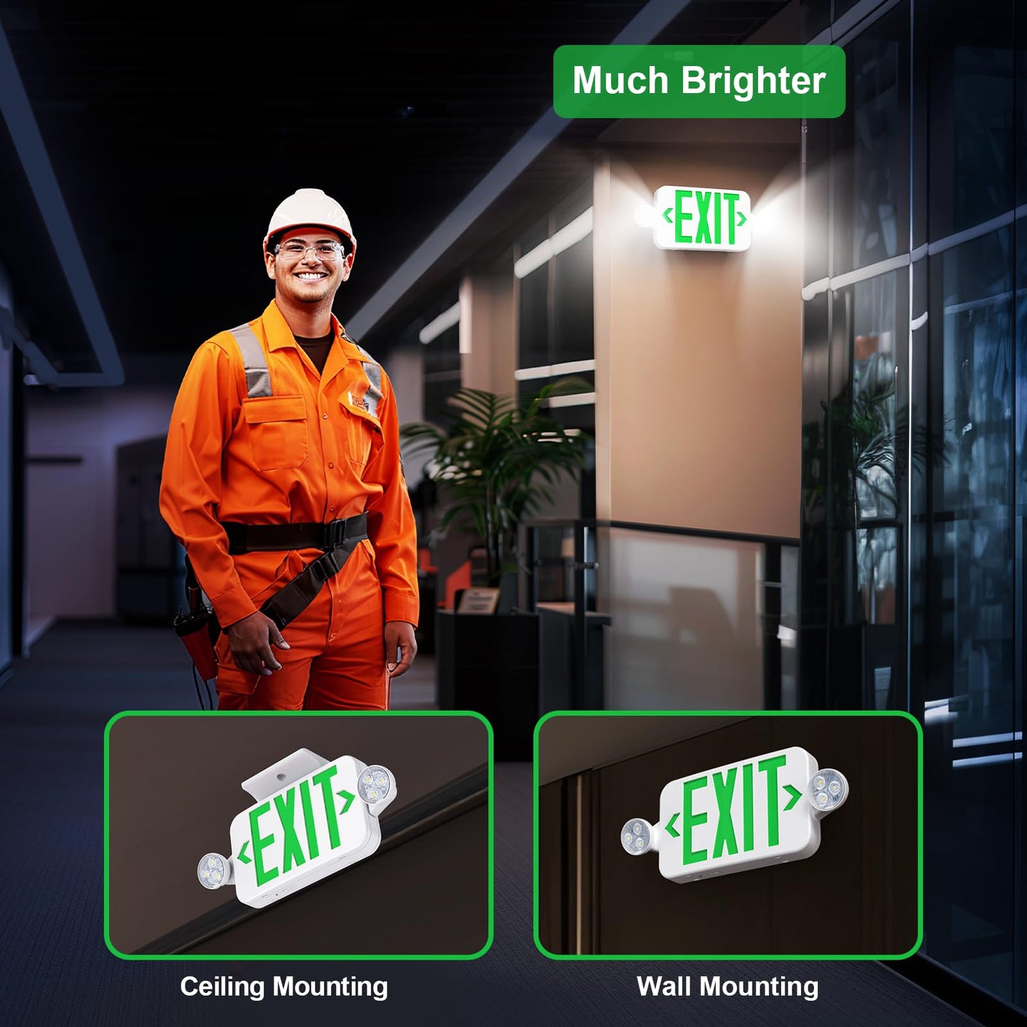 Emergency Exit Sign Lights Combo with Battery Backup, Double Sided Hardwired 6 LEDs Exit Signs, Adjustable Heads Green Emergency Exit Lighting Ceiling/Wall Mount, UL Listed, AC 120/277V (4 Pack)