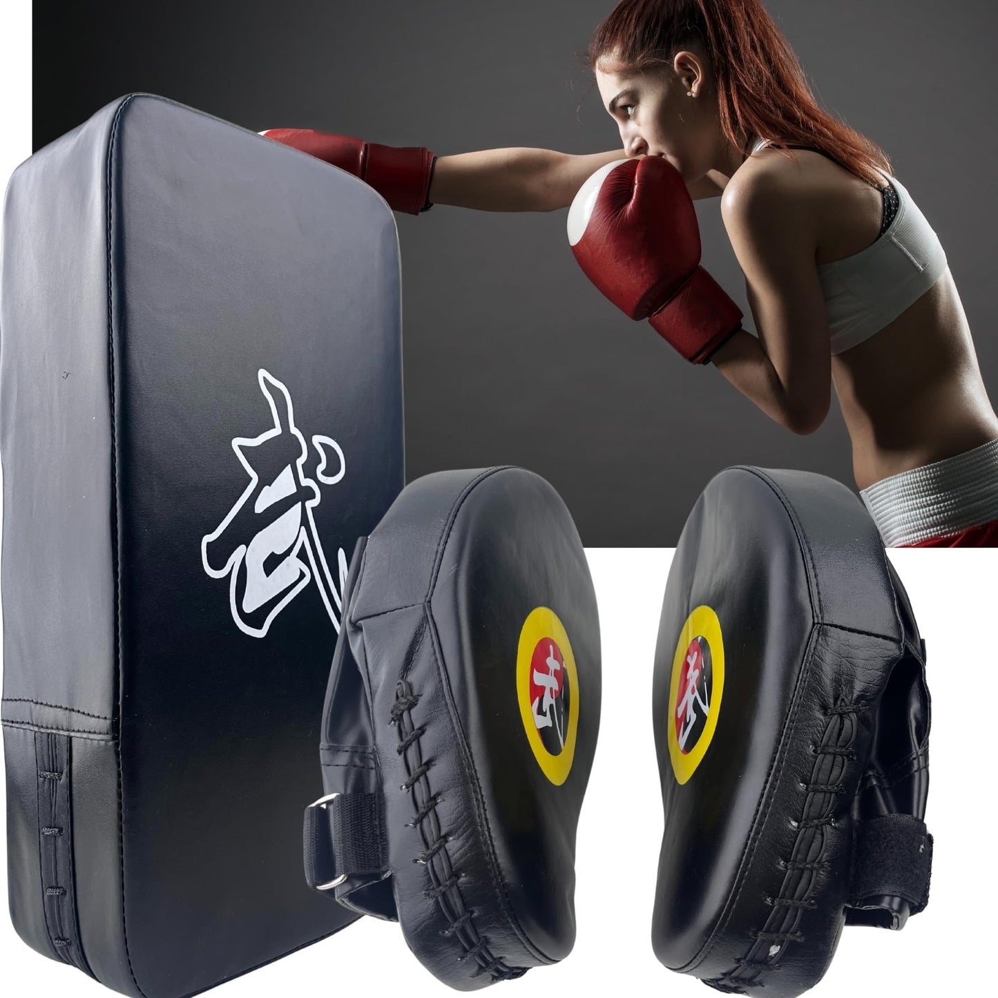 TLBTEK Taekwondo Kick Pad and 2 Curved Punching Mitts Set,PU Muay Thai Pads, MMA Karate Kid Toddler Boxing Set Kickboxing Training Pads Martial Arts Punching Pads Strike Kicking Shield(3 PCS)-Black