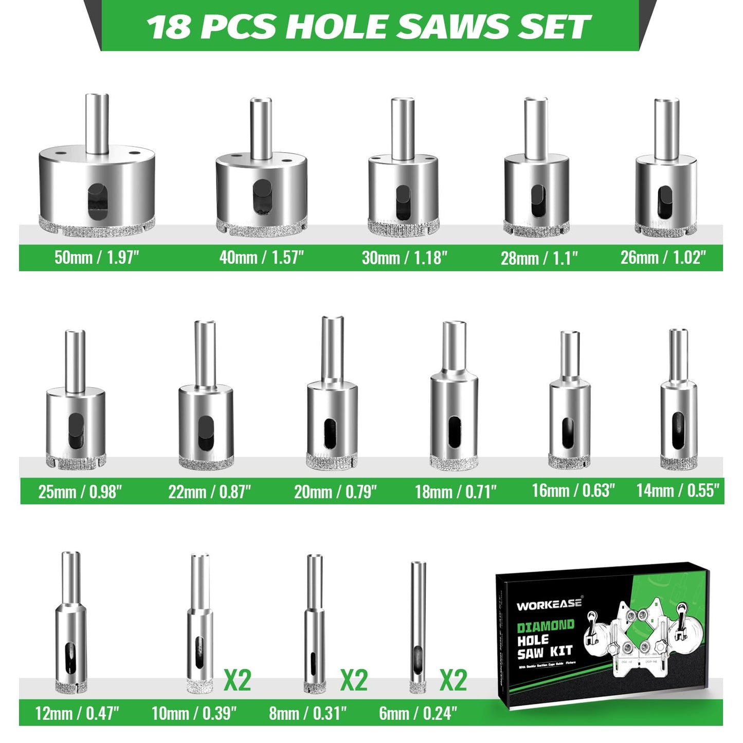 Diamond Hole Saw Kit, 18 PCS Tile Hole Saw Kit with Double Suction Cup Guide, 6-50 mm Dry/Wet Drill Bits Set for Ceramic, Glass, Porcelain, Marble, Granite