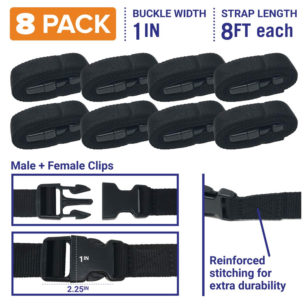 Boat Cover Straps, Adjustable Buckle, 8 Pack, 1" x 96" Nylon Utility Straps with Quick Release Buckles
