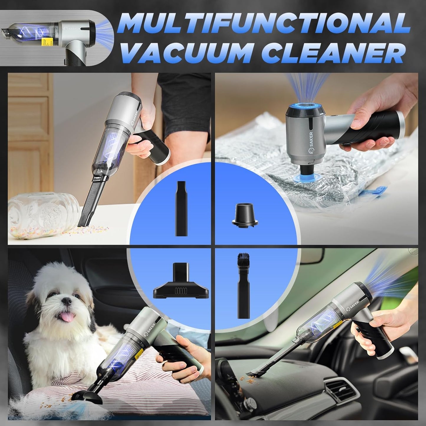Saker Handheld Car Vacuum - Portable Cordless 17000PA Mini Air Duster & Blower | Rechargeable, Foldable, Black