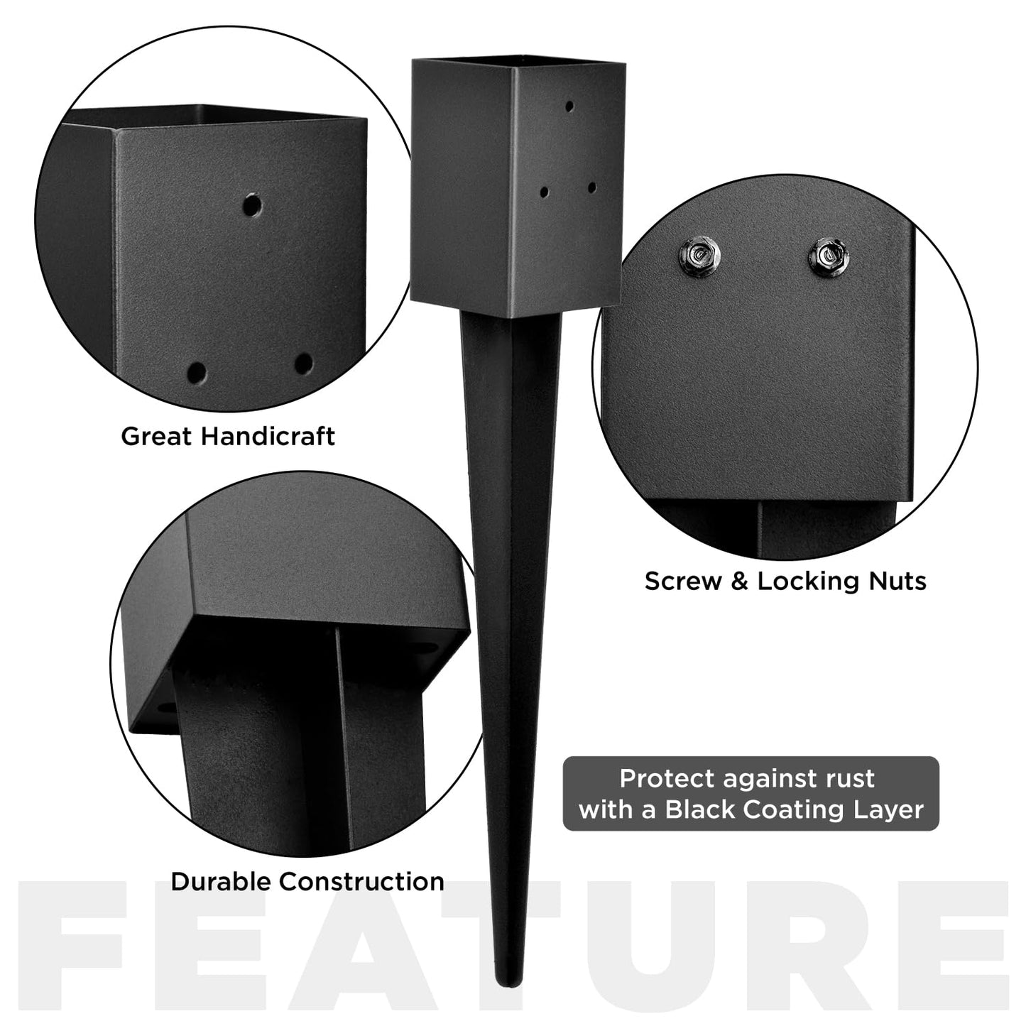 Fence Post Anchor 4''x4'', Heavy Duty Metal Fence Post Anchor Ground Spike 36''x4''x4'' for Fence, Mailbox, Bird feeder, Decking, Banner, with The Black Powder Coating Cover on The Surface (Set 8)