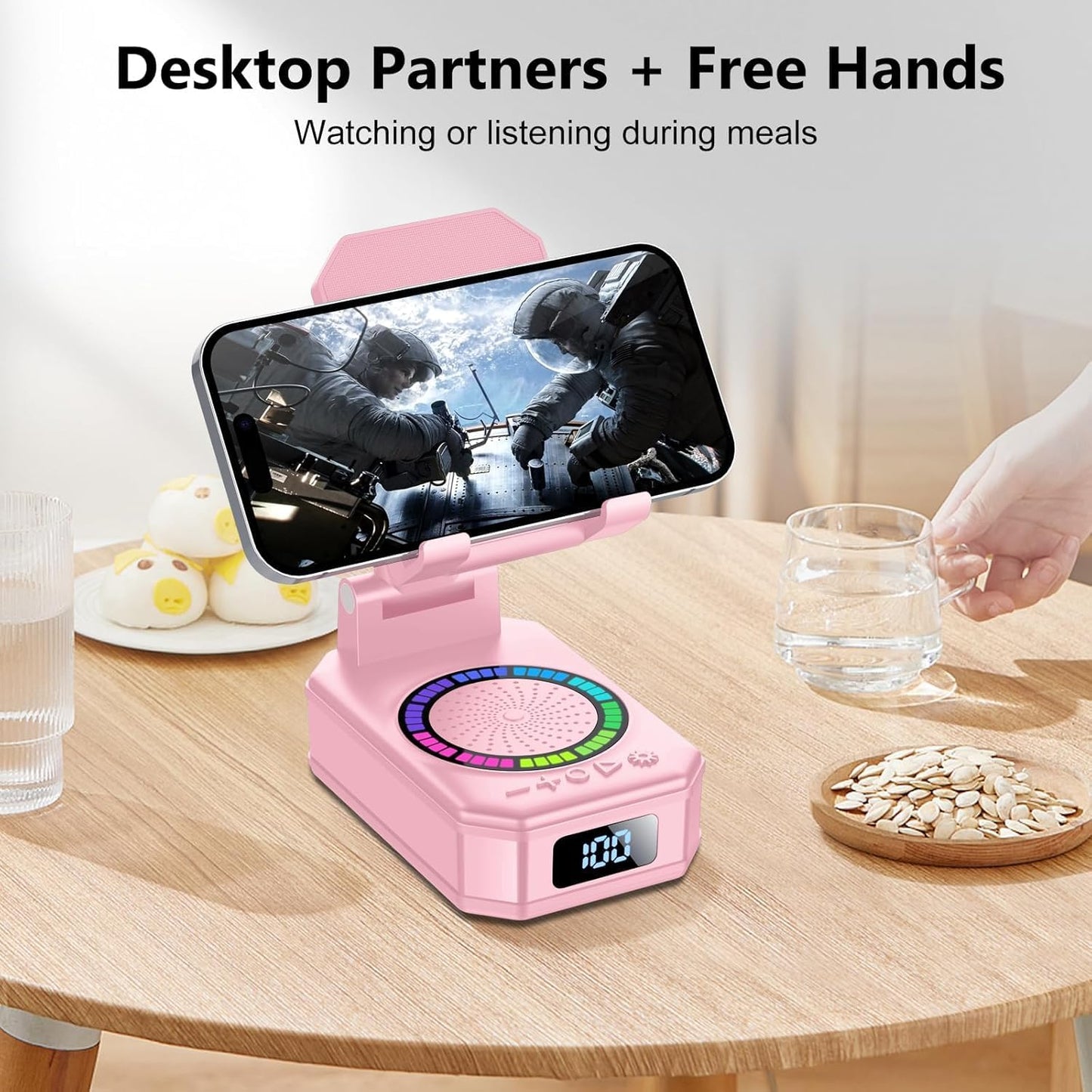 buwy 8 Cell Phone Stand with Wireless Bluetooth Speaker and RGB Ambient Light, Anti-Slip Base HD Surround Sound