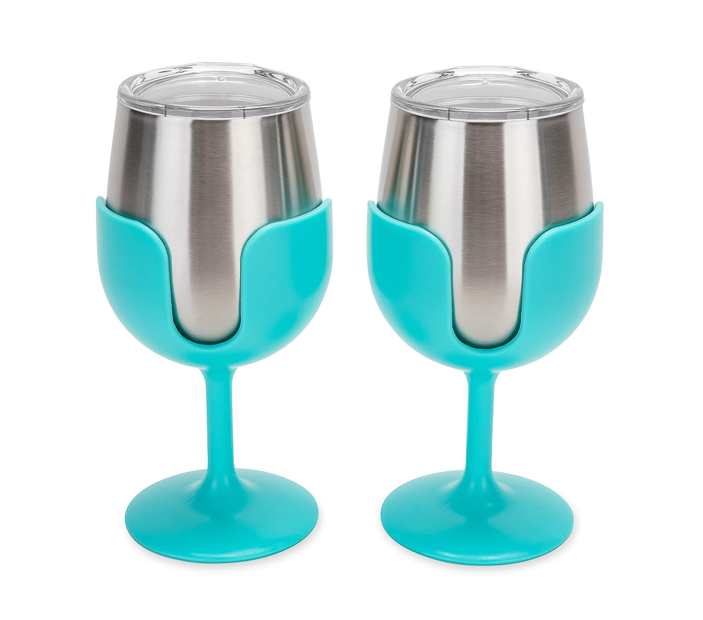 Camco Life is Better at The Campsite Stainless Steel Wine Tumbler 2-Pack - Features Heavy Duty Double Wall Vacuum Insulation & Removable Navy, Red, Green & Yellow Stems - Holds 8-oz Each - Blue(53484)