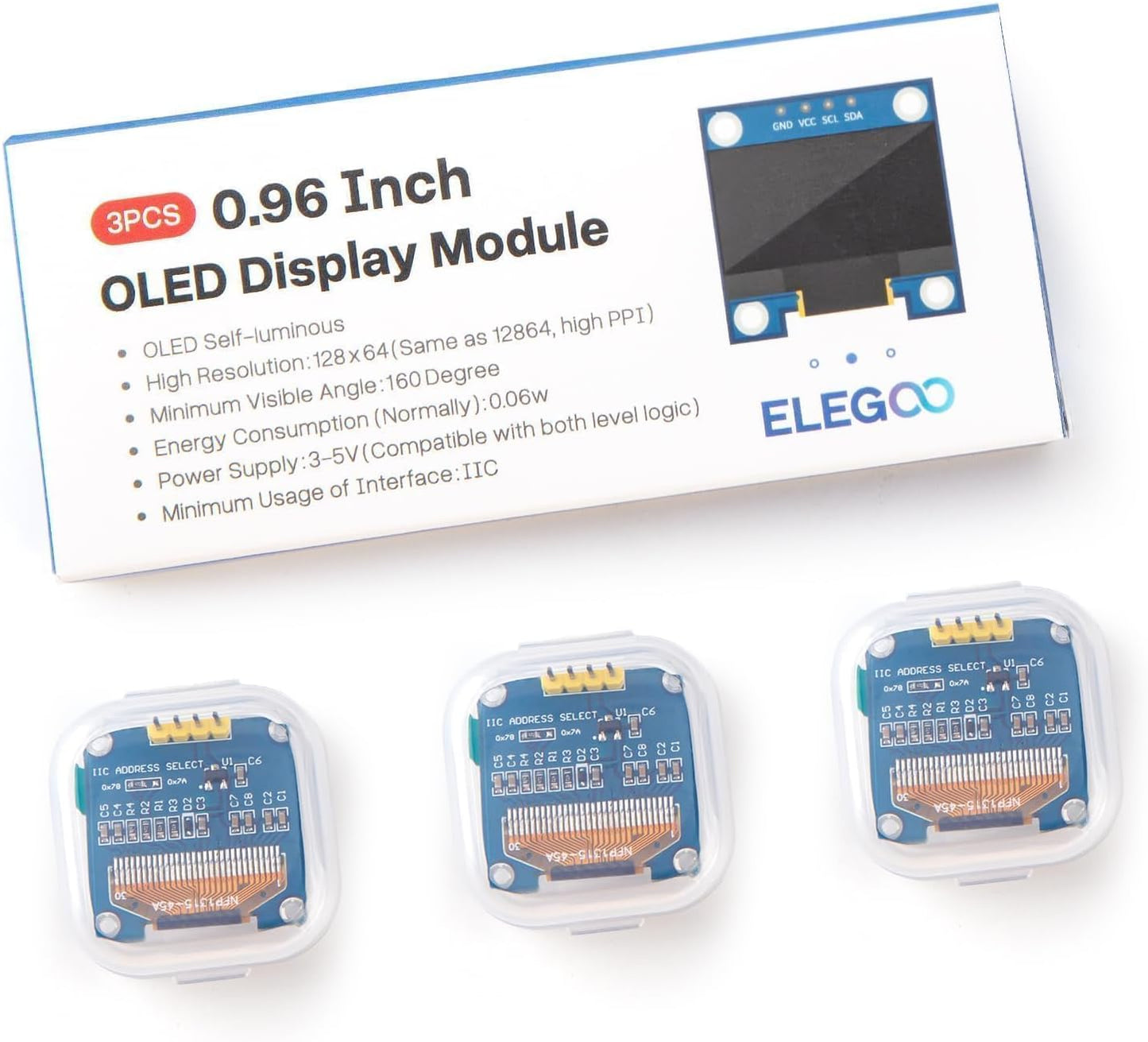 ELEGOO 3PCS 0.96 Inch SSD1306 I2C OLED Display Screen Module Compact Self-Luminous Display Mini Screens for Arduino