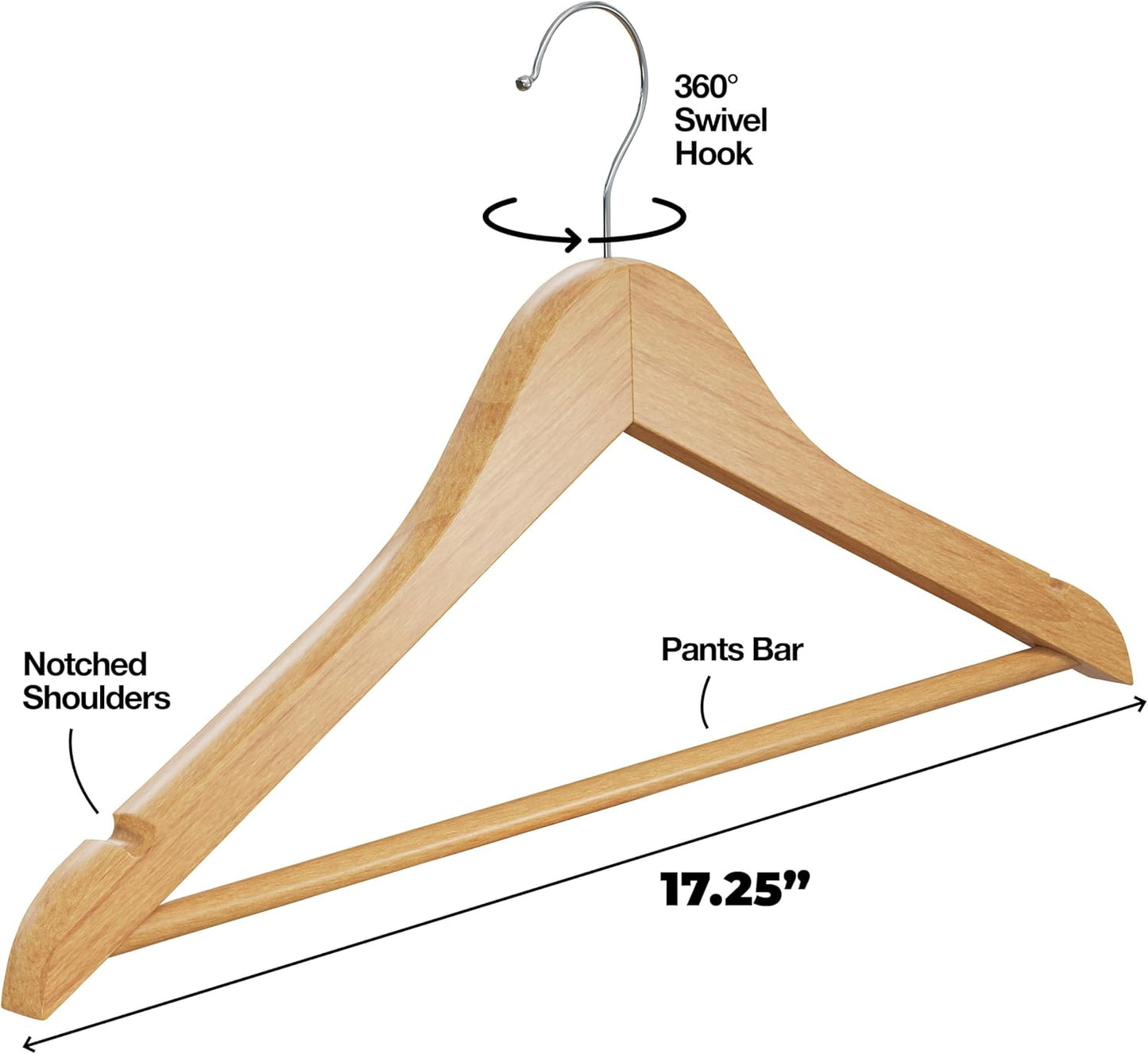 Premium Wooden Hangers - Durable Non-Slip Heavy-Duty Coat Hangers | 20 Pack Natural Solid Wood with Chrome Swivel Hooks