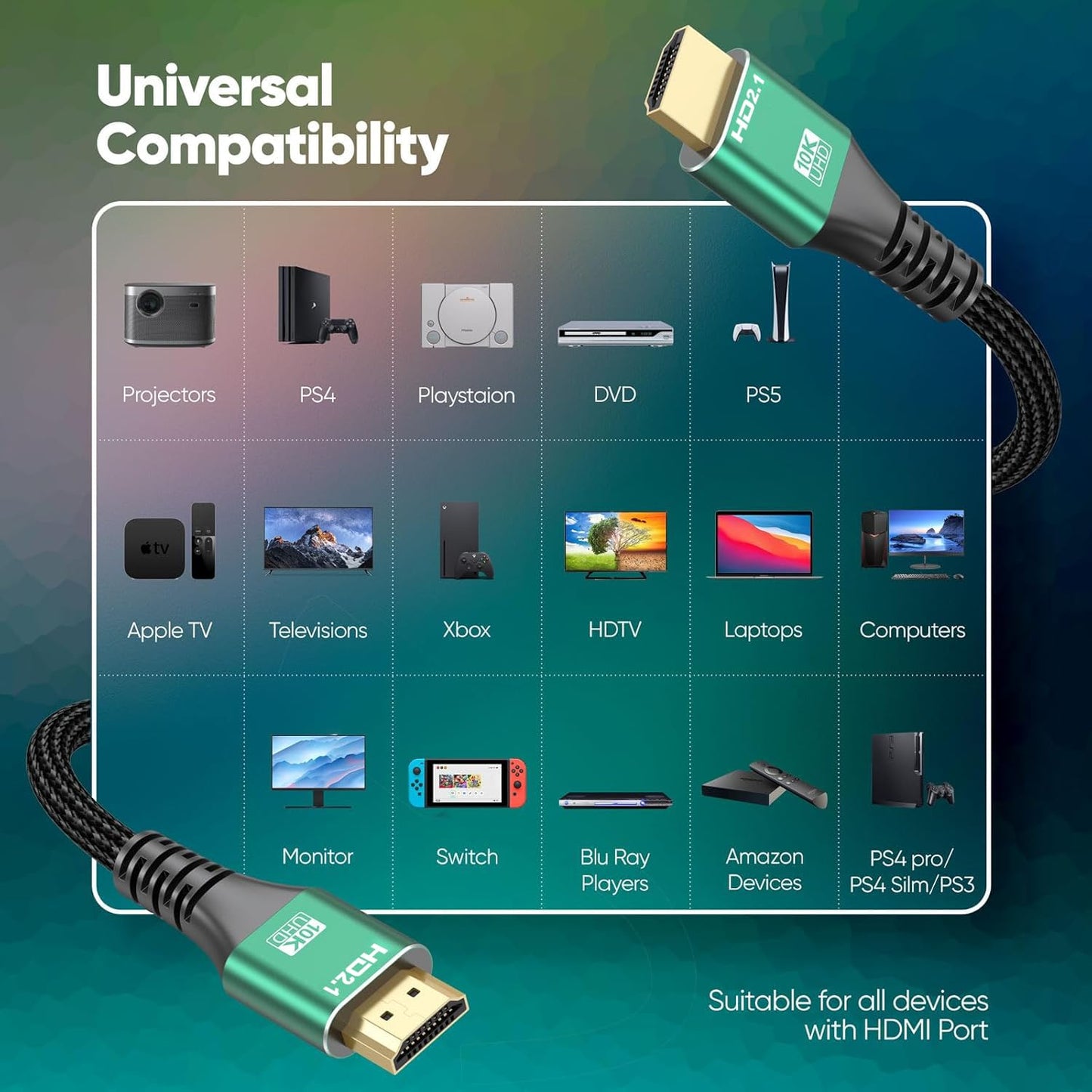 10K 8K 5-Pack 6.6FT, 2.1 48Gbps 8K@60Hz, 4K@120Hz HDR10, HDCP2.2&2.3 PS5/PS4, HDMI Cable HDMI Cable Bulk Ultra High