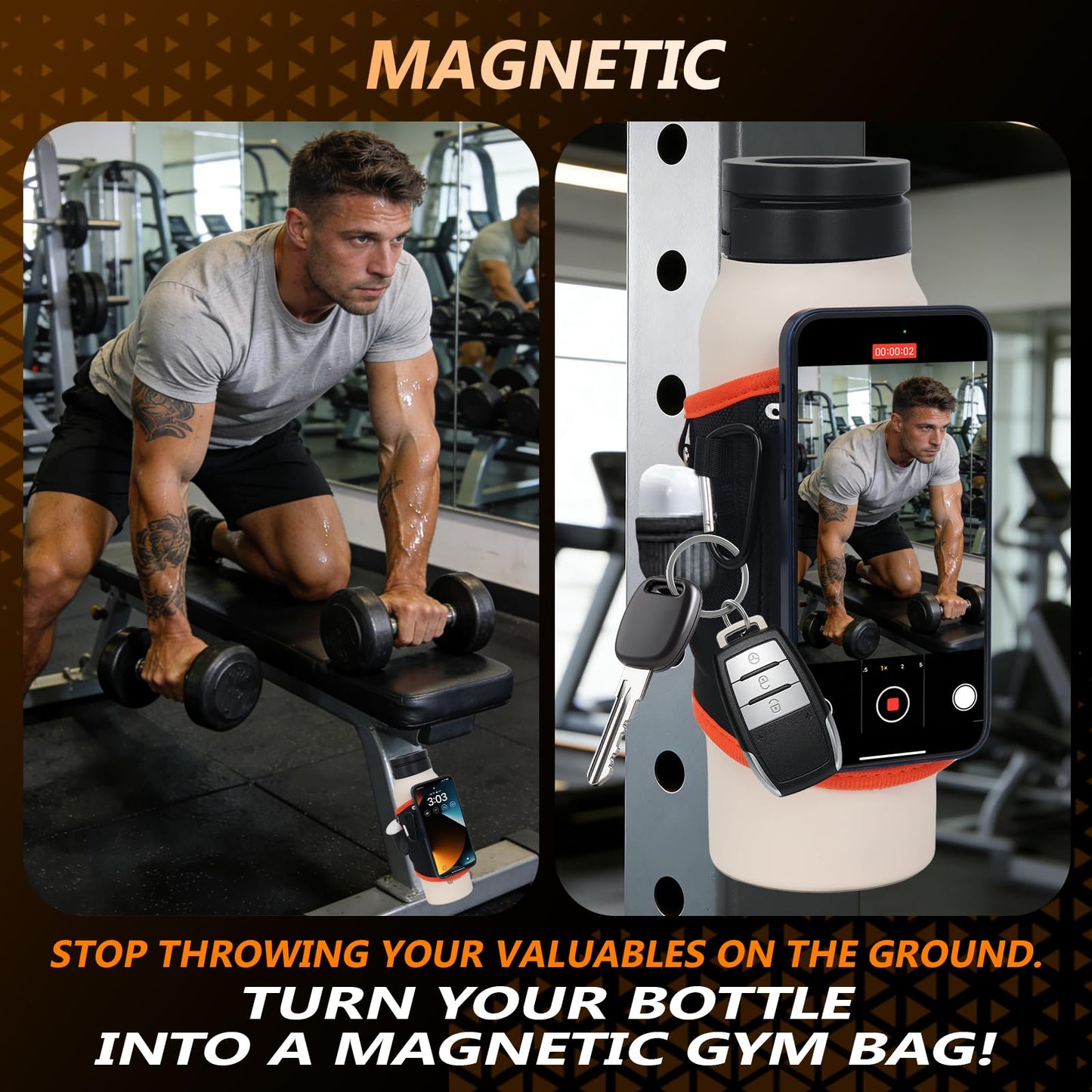 Magnetic Gym Water Bottle Bag（Max 32OZ） & Holder with Magnetic Phone Pocket, Keys & Bluetooth Earphone Storage, Gym Accessories Organizer with Card & Cash Pocket