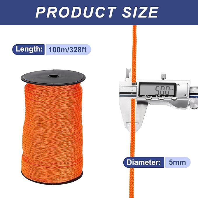 MECCANIXITY 3/16 Inch Polypropylene Rope Braided Ropes, 328ft Nylon Rope Hollow Utility Cord for Clothesline, Camping, Hiking, Outdoor, Dark Orange