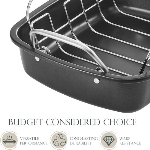 KITESSENSU Nonstick Turkey Roasting Pan - Heavy Duty 17 x 14 Inch Chicken Roaster with Rack - Gold Finish
