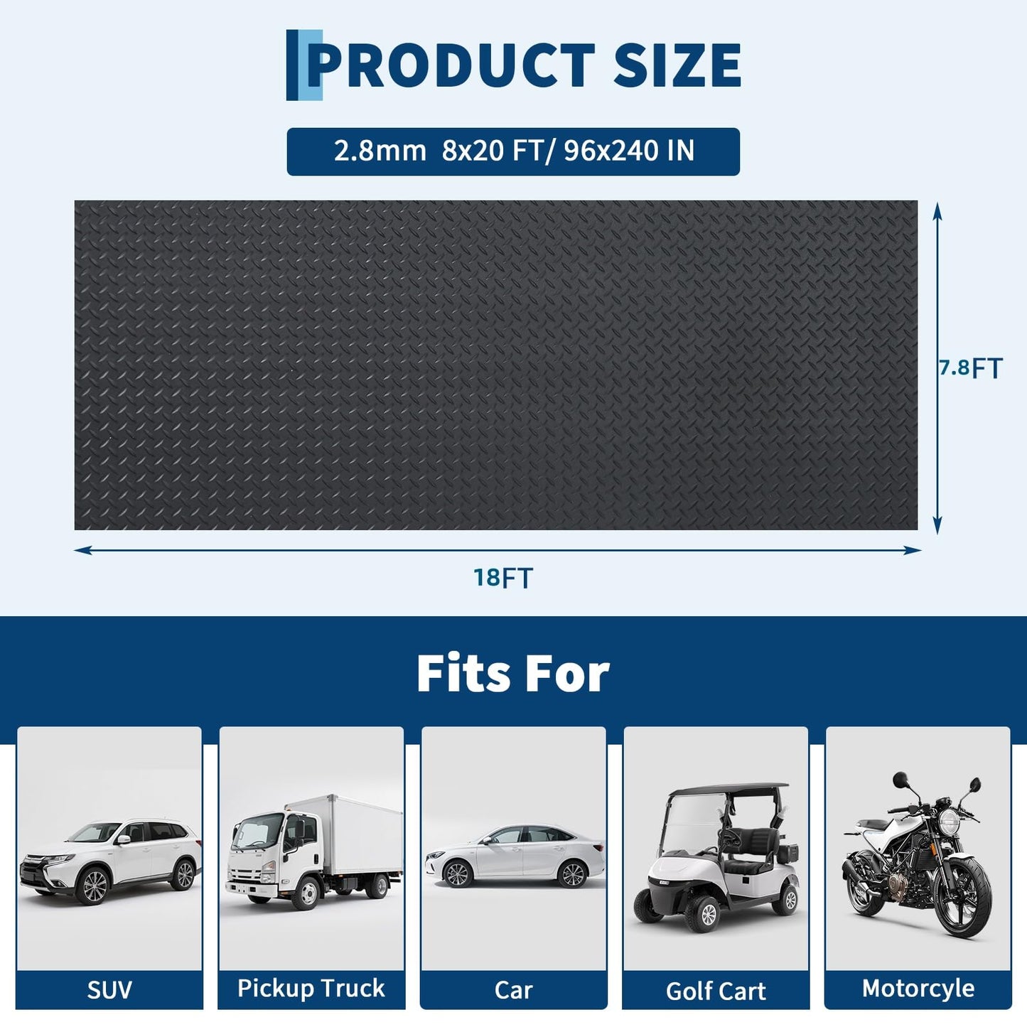 GarveeTech 7.8 x 18 ft Garage Floor Mat, 2.8 mm Thickened Flooring Roll Diamond Plate PVC Rubber Trailer Mat, Non-Slip Floor Protector Mat for Garage, Warehouse, Gyms, Trailer, SUV