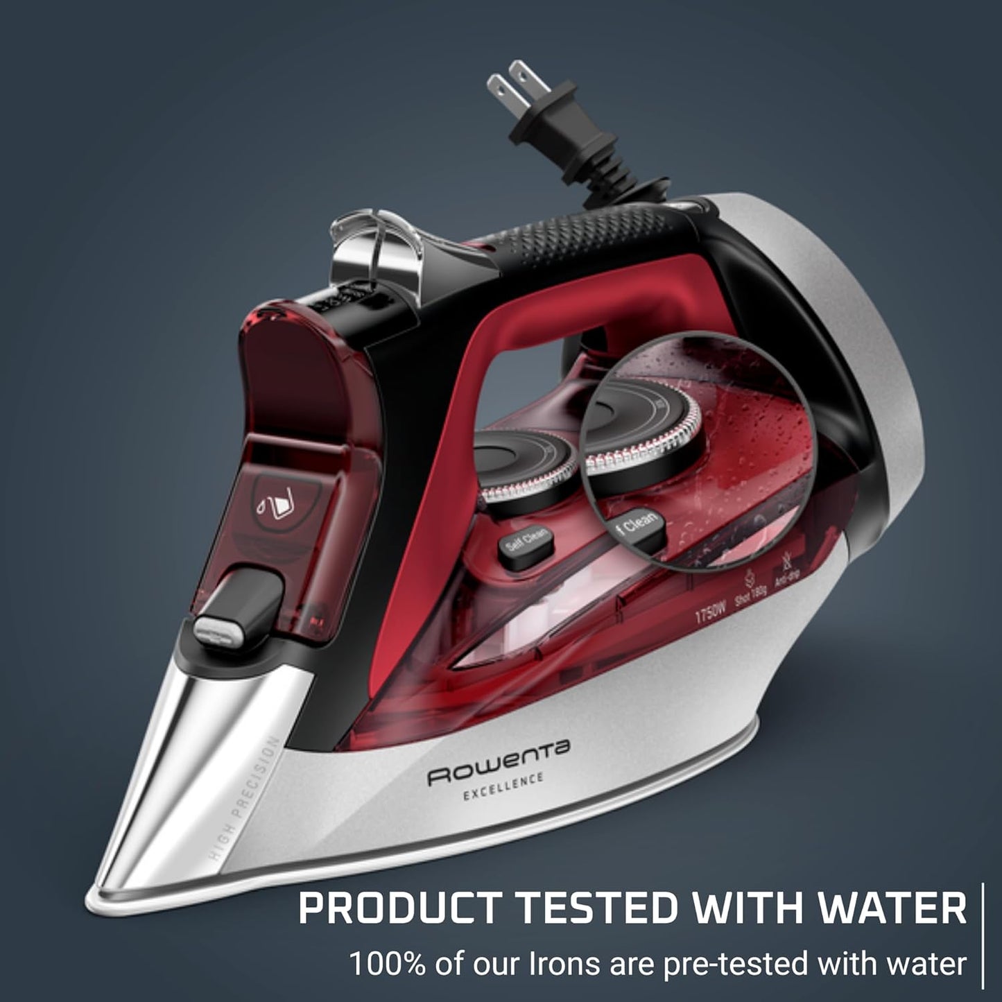Rowenta Focus Excellence Steam Iron - 1750W Stainless Steel Soleplate, Retractable Cord, Red | 400+ Microsteam Holes
