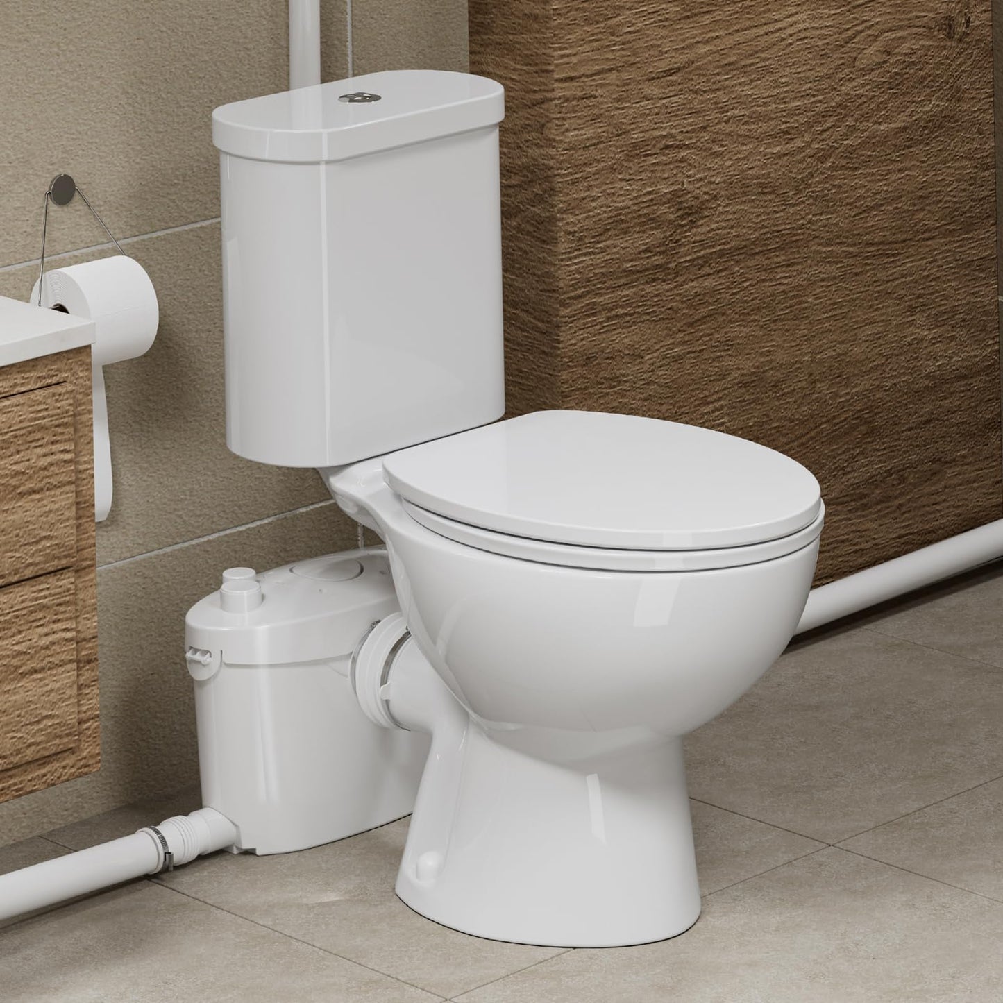 SUPERFLO Upflush Toilet for Basement with 600W Macerating Toilet System & Silent Toilet Pump for Macerator Toliet, Sink & Tub（Include Extension Pipe）