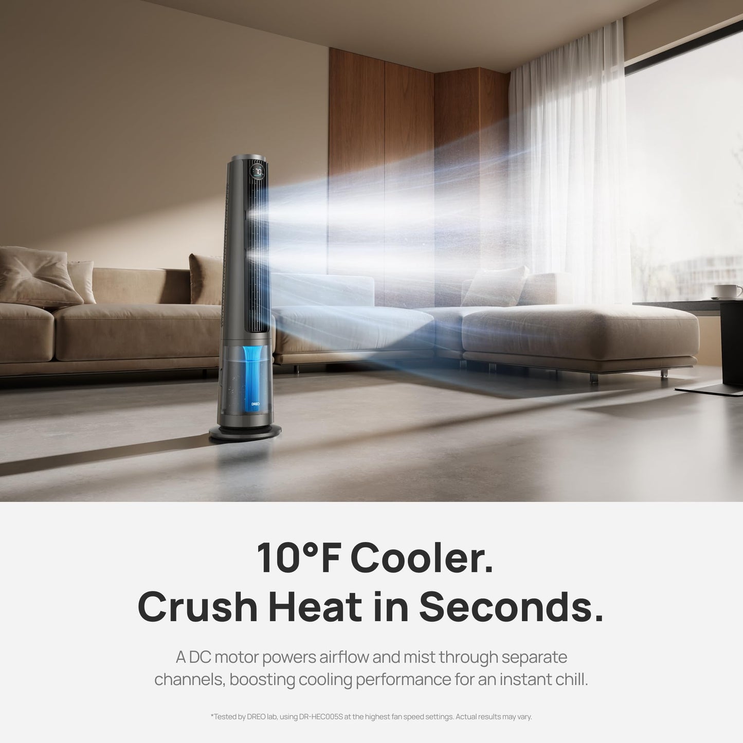 DREO TurboCool Misting Fan 765S, Fans that Blow Cold Air, 10°F Cooling, 34ft/s Fast Evaporative Air Cooler, 6L Tank, 20 dB Quiet DC Motor, 90° Tower Fan with 12 Speeds, 4 Modes for Home, Grey