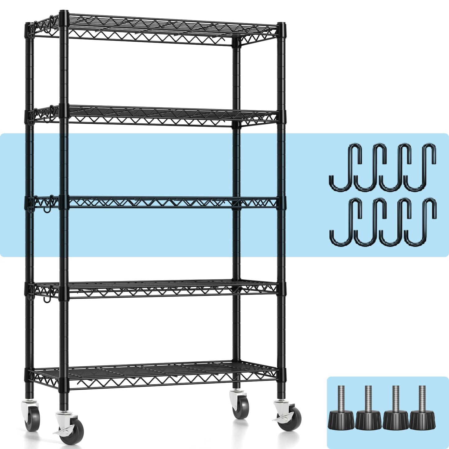 Hodonas Wire Shelving, 1900lbs Capacity 5 Tier Heavy Duty NSF Wire Shelf with Rolling Wheels Black Metal Storage Shelves Adjustable Wire Rack Unit 36"W x 14"D x 72"H for Kitchen Bathroom Garage Closet