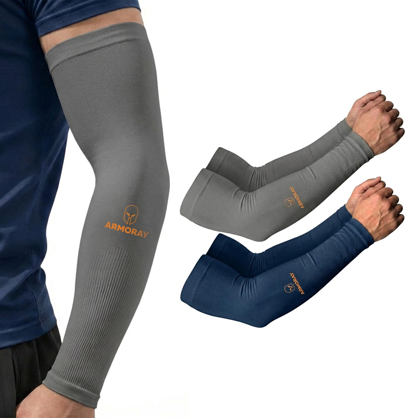 ARMORAY Arm Sleeves for Men & Women - 2 Pair UV Sun Protection Cooling Compression - Tattoo Cover Up Sleeve for Work (Gray + Navy)