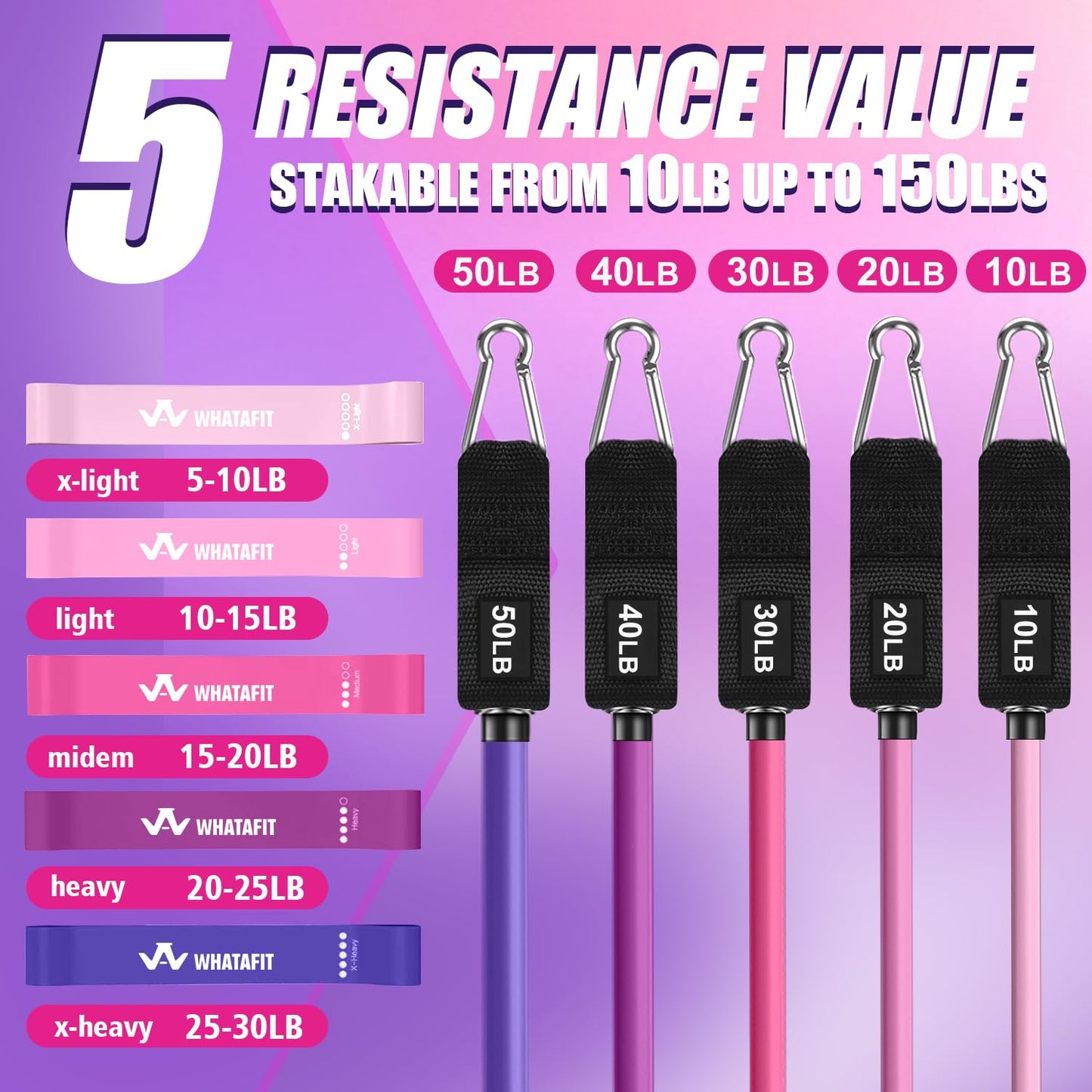 WHATAFIT Resistance Bands, Exercise Bands，Resistance Bands for Working Out, Work Out Bands with Handles for Men and Women Fitness, Strength Training Home Gym Equipment Pink Purple 16PCS