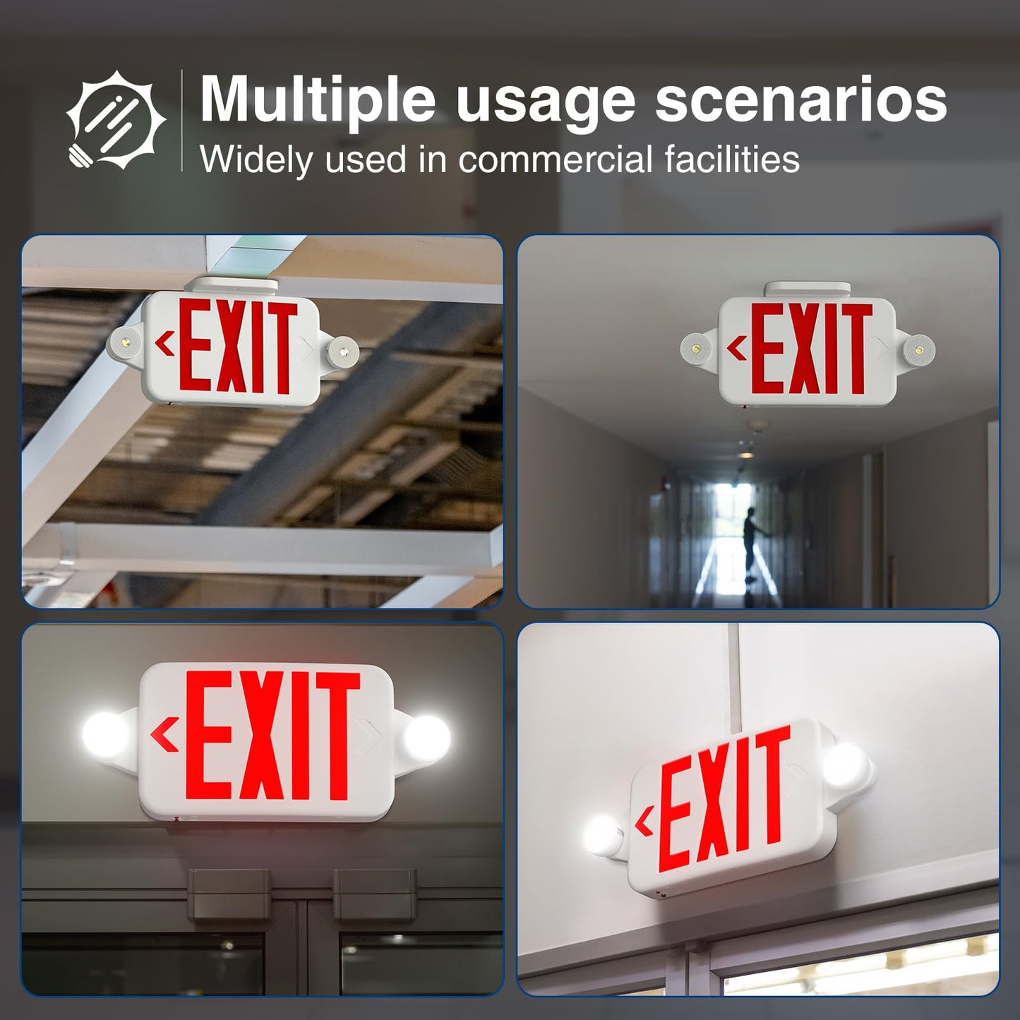 FREELICHT 4 Pack Red Exit Sign with Emergency Lights, Two LED Adjustable Head Emergency Light with Battery, Hard Wired, Exit Sign for Business