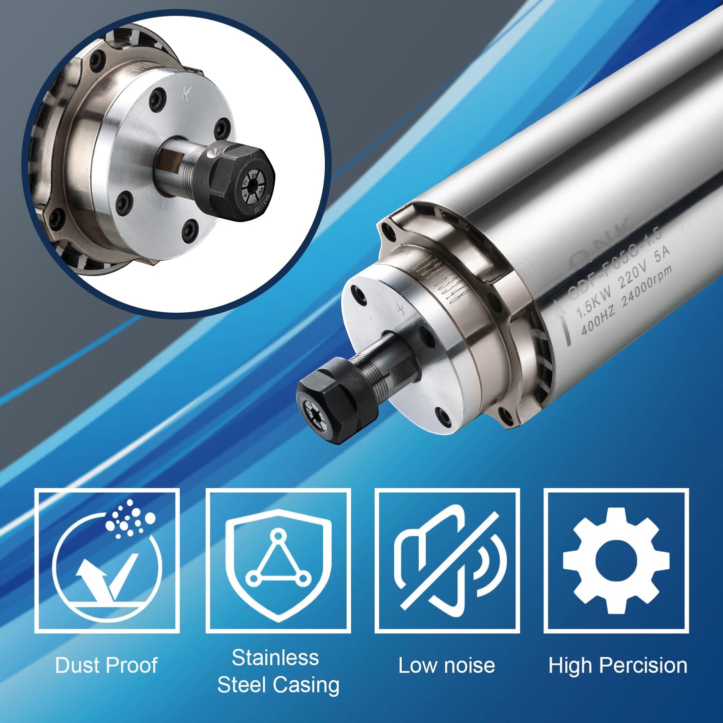 QNK CNC Spindle Motor Kits,220V 1.5KW CNC Spindle Air Cooled Spindle Motor+220V 1.5KW VFD Single to 3 Phase Inverter Variable Frequency Drive+ ER11 Collet Set