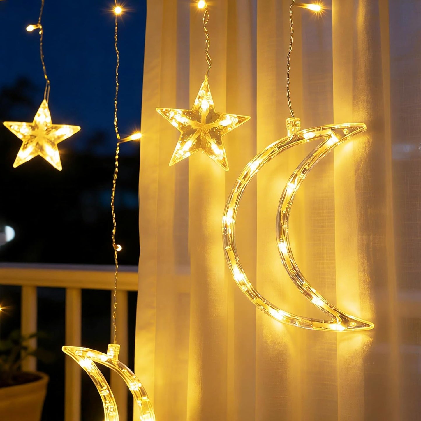 TW SHINE Star & Moon Curtain String Lights - 138 LED, 8.2 FT, Waterproof with 8 Modes & Timer for Ramadan Decor
