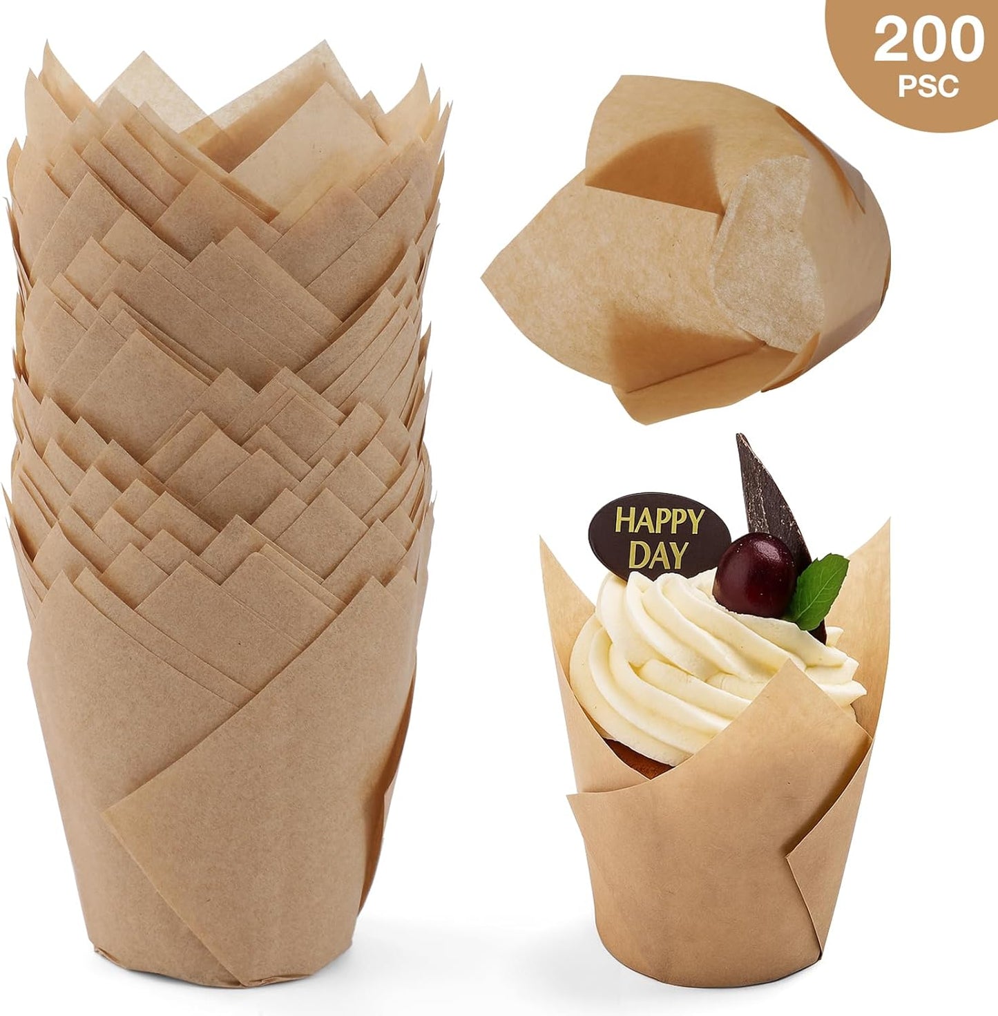 Skiennix Tulip Cupcake Liners - 200 Pcs Greaseproof Baking Cups for Parties & Events | Natural