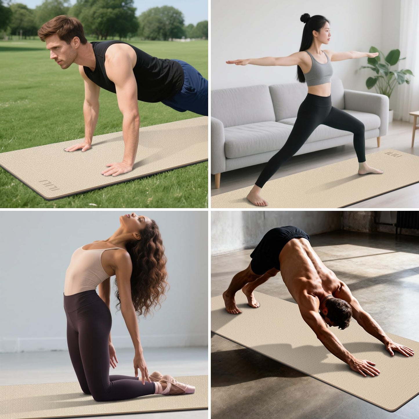 ILILI Yoga Mat 10mm Extra Thick and Extra Long, 76x28×0.4 Inch, Double Color Non-Slip TPE Material, Easy Carrying with Strap, Ideal for Yoga, Pilates, Floor Exercise, Home and Outdoor Use, Eco Friendly (Beige+Black)