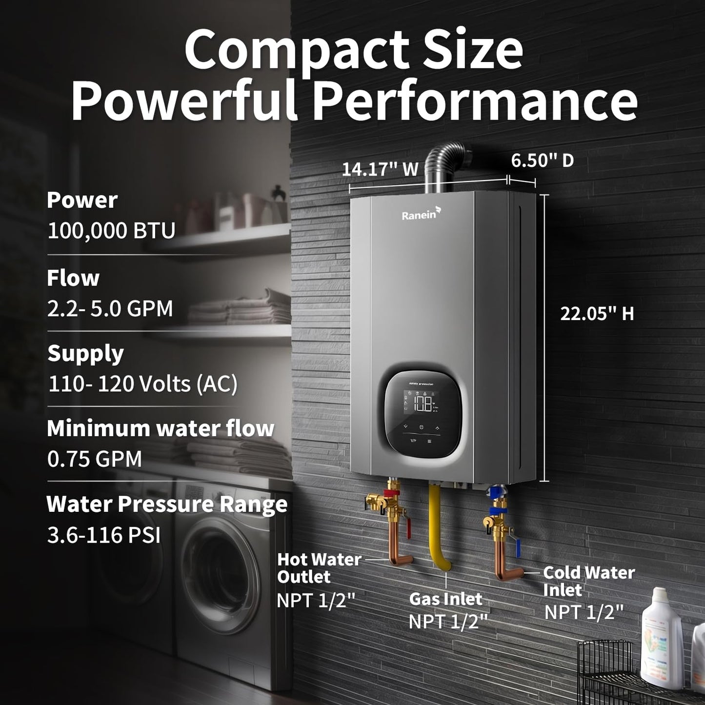 GEN II Ranein Propane Gas Tankless Water Heater Max 4.3 GPM, 100,000 BTU Indoor On Demand Instant Hot Water Heater with LED Temperature Control Panel