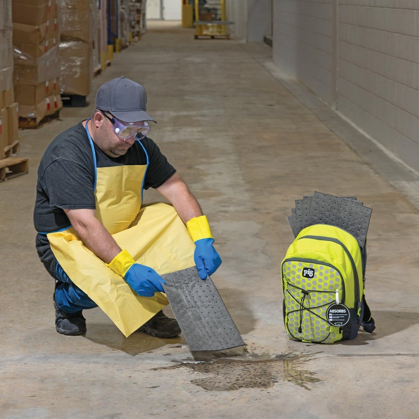 PIG Spill Kit | Portable Backpack | Absorbs up to 4.4 gallons | Hi-Viz Green | 12.6" W x 7.6" D x 18.5" H| PMB30629